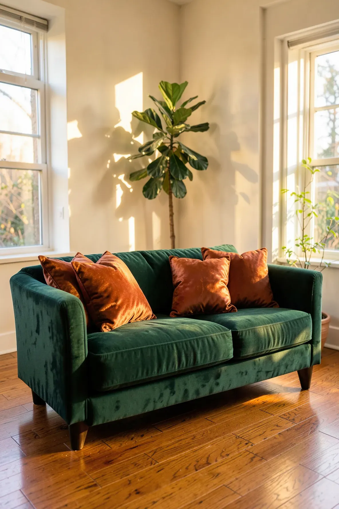 A forest green velvet sofa with burnt orange silk pillows in a sunlit, cozy living room.