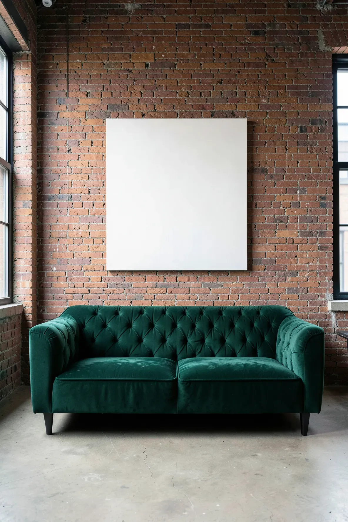 An emerald green sofa set against a rugged red brick wall in an industrial style living room.