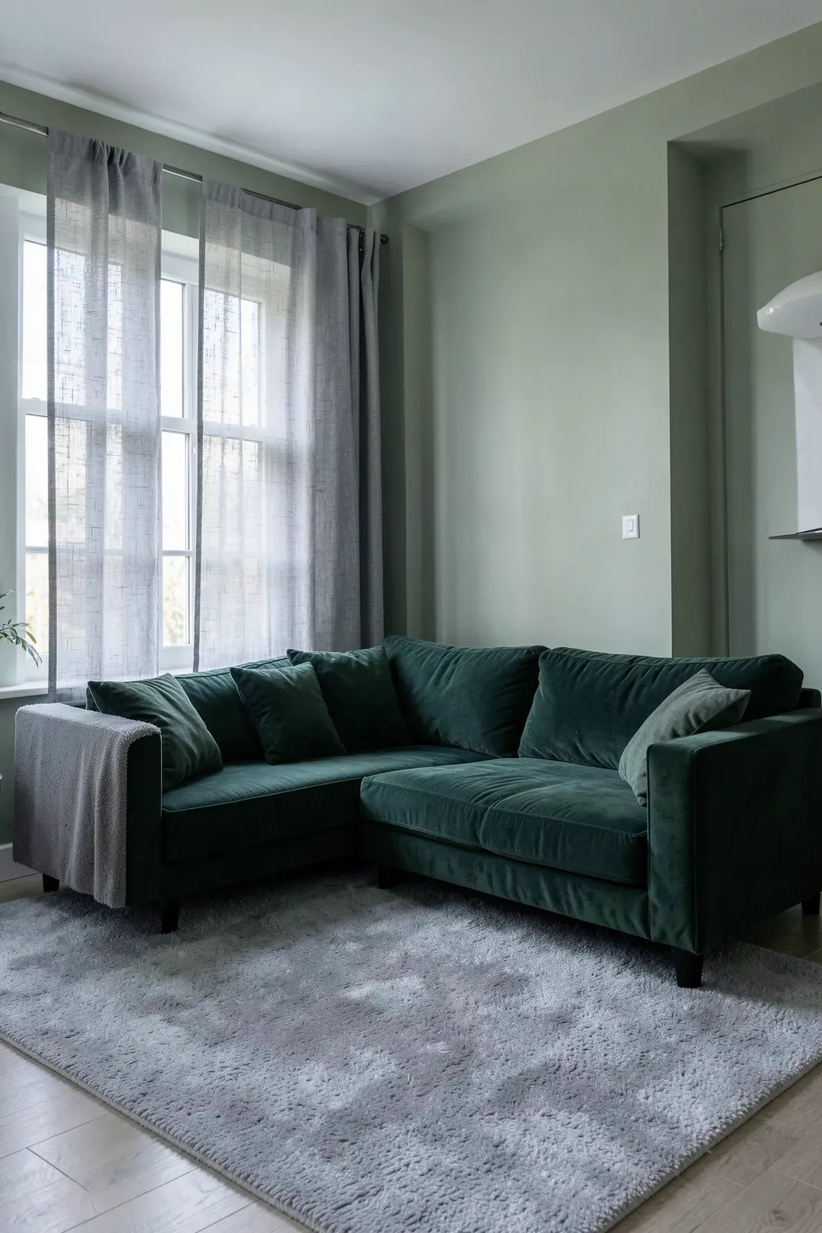 A tranquil sage green and grey living room featuring a dark emerald green sofa.