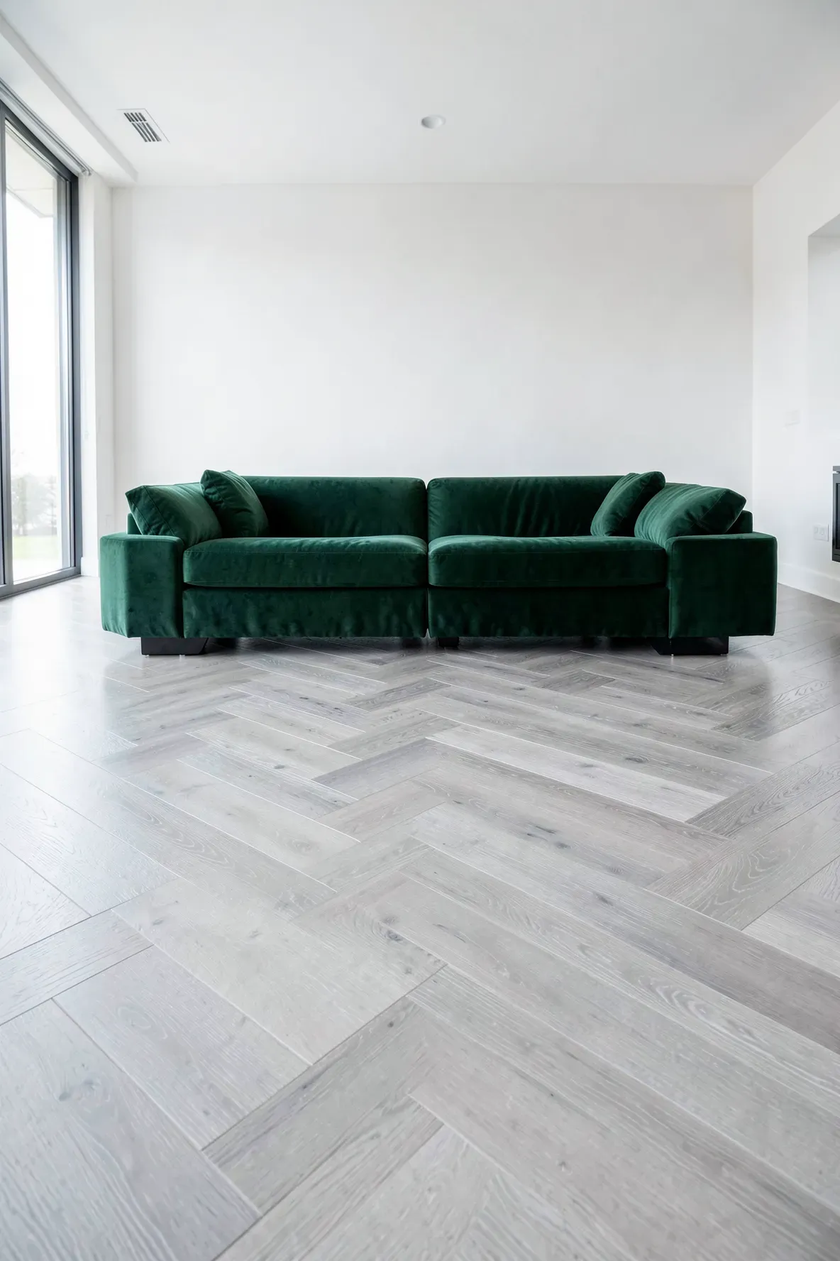 Plush emerald green seating on light grey herringbone wood floors in a modern room.