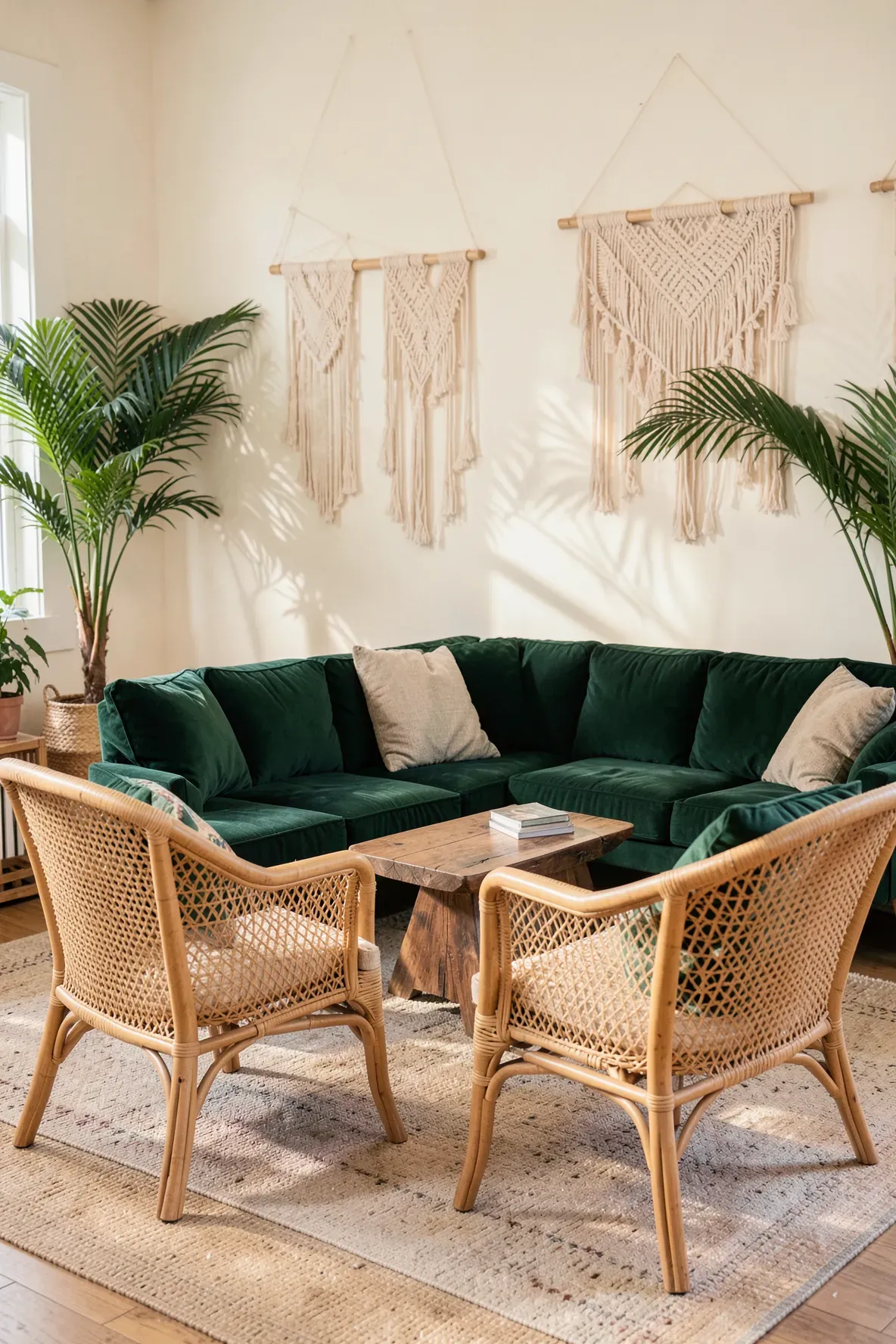 An emerald green sofa paired with woven rattan chairs in a warm, bohemian living room.