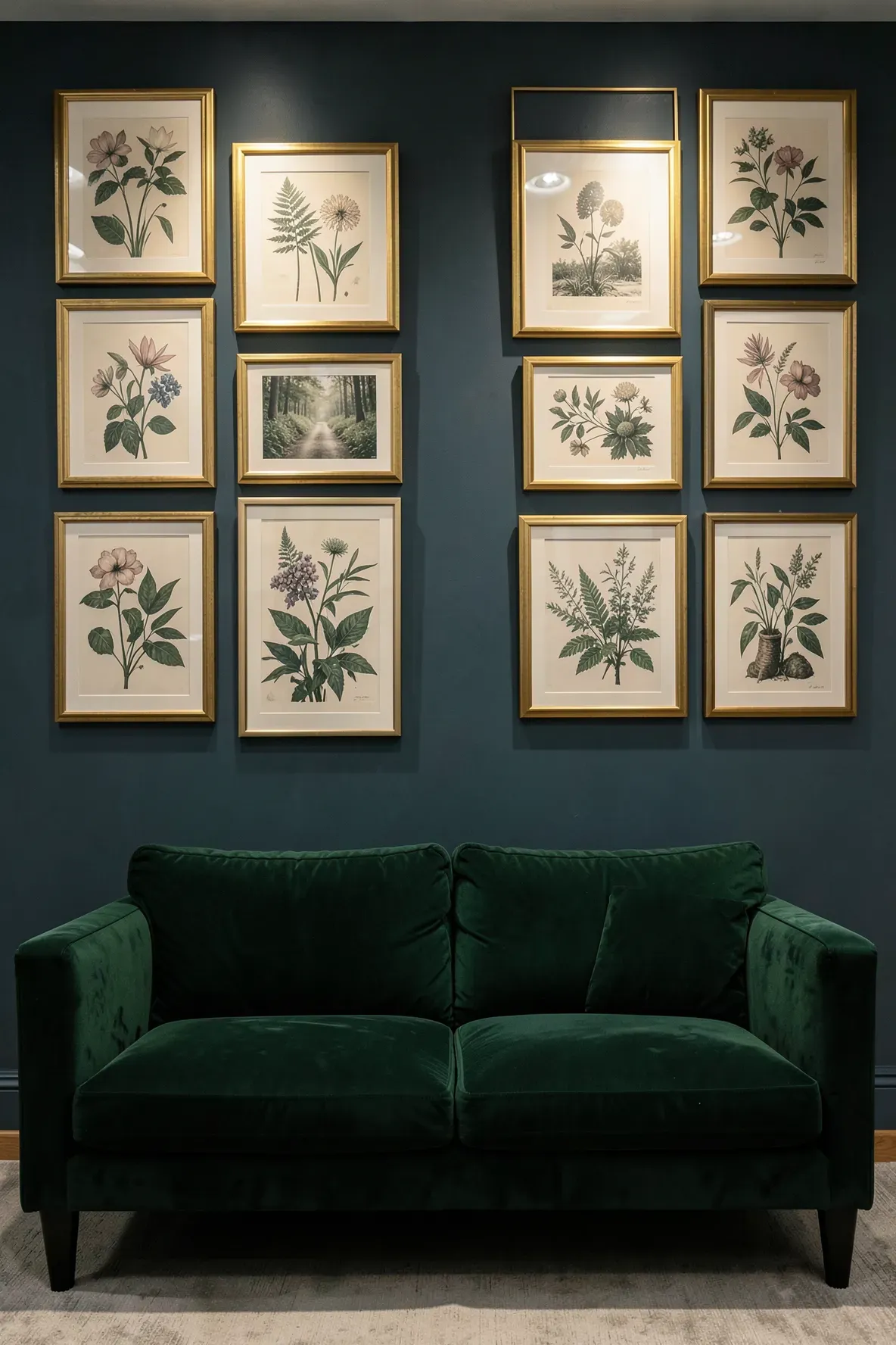 A deep green couch under a gallery wall of gold-framed botanical art in a cozy room.