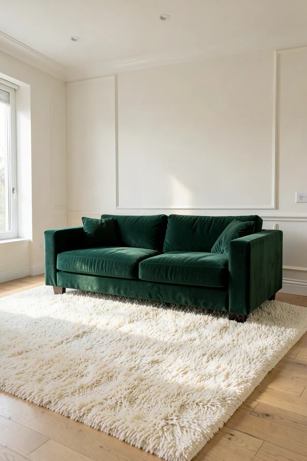 A plush emerald green velvet sofa sitting on a thick cream shag carpet in a bright living room.