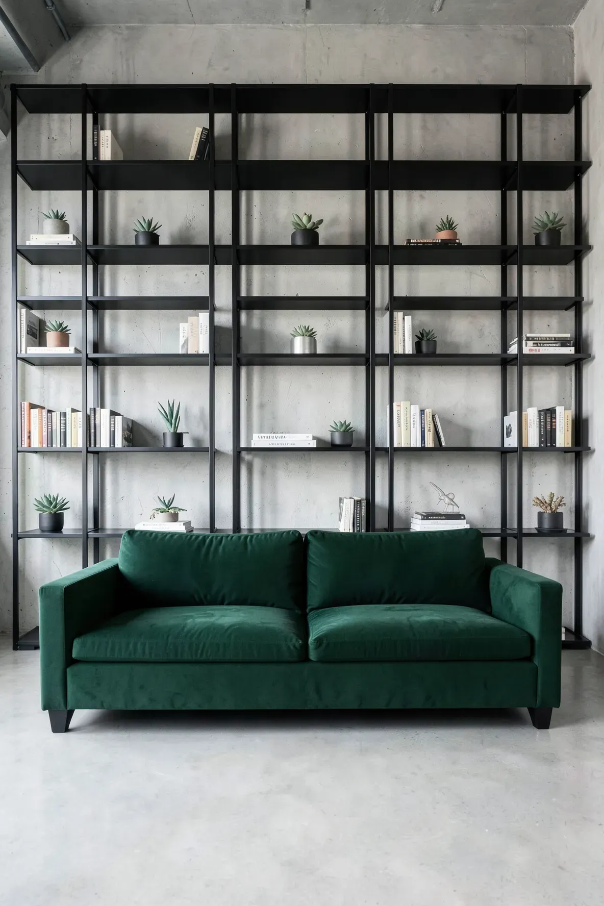 A green sofa set against tall matte black metal bookshelves in a modern industrial living room.