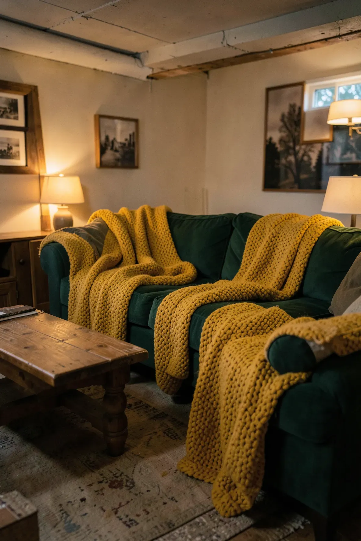 An emerald green sofa decorated with vibrant mustard yellow chunky knit blankets.