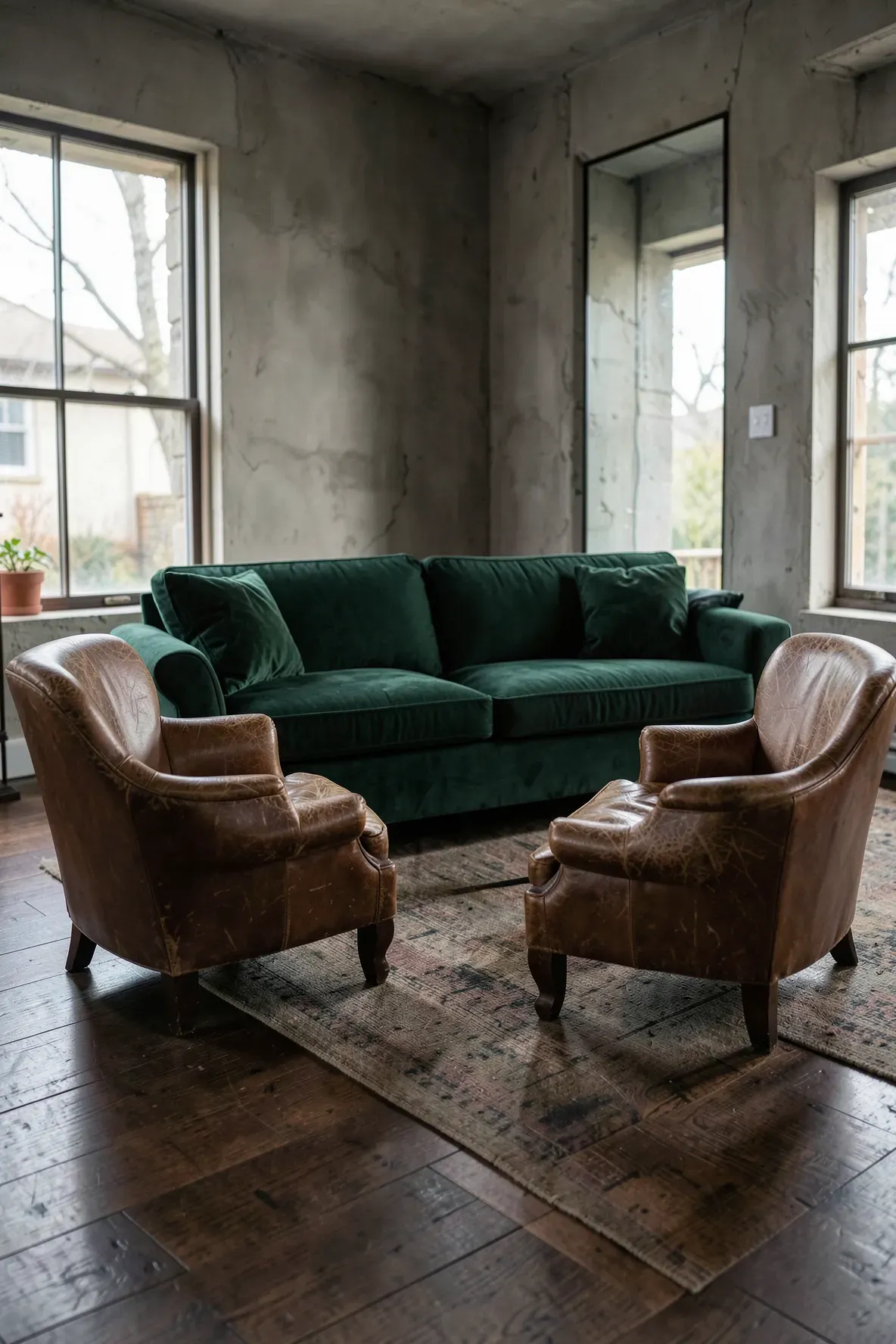 A dark green couch paired with two brown distressed leather armchairs in a rustic room.