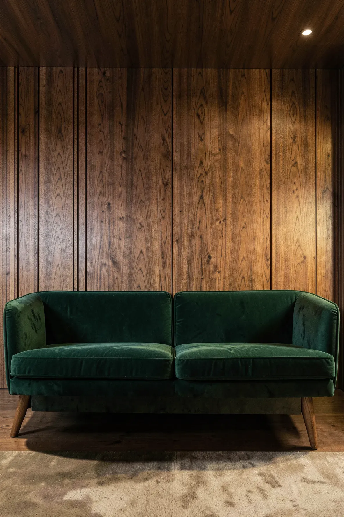 An emerald green velvet sofa against a wall of rich dark walnut wood paneling.