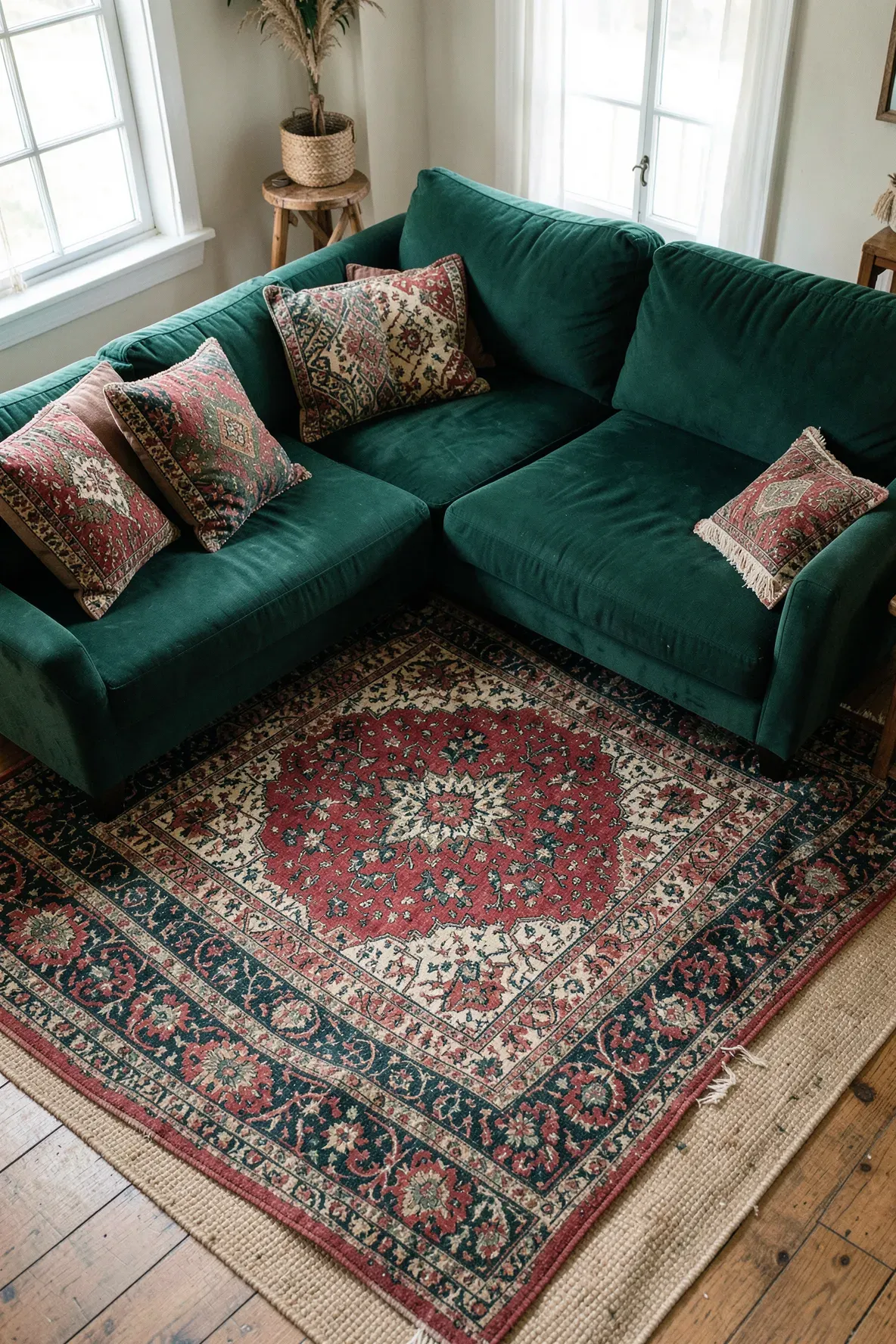 A green sofa in a bohemian room with a patterned Persian rug layered over a neutral rug.