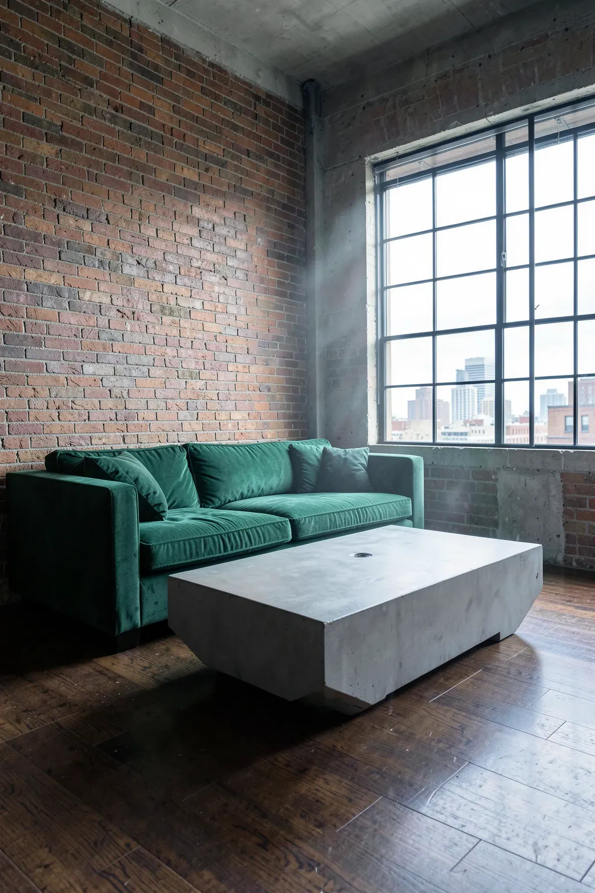 An emerald green velvet sofa next to a heavy grey concrete coffee table in an industrial loft setting.