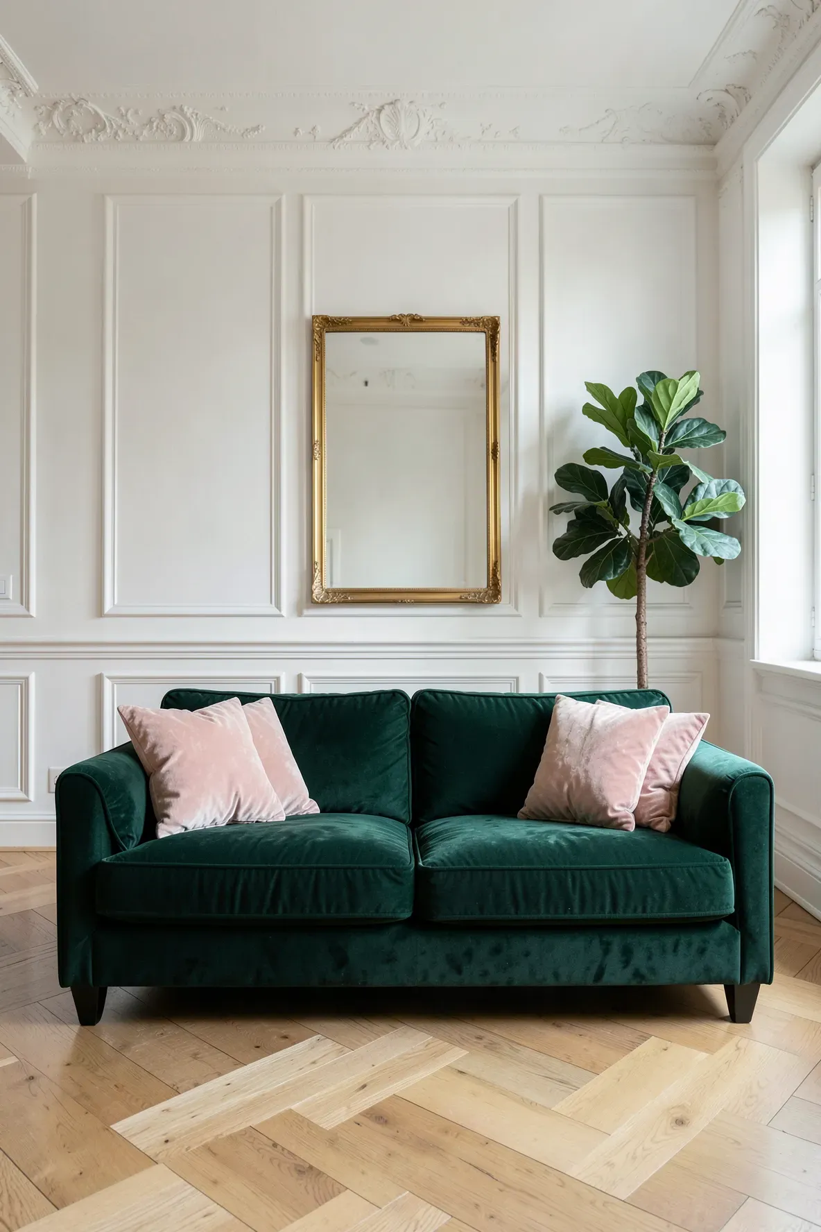 A dark green sofa with soft pink velvet pillows in a bright, elegant living room with white walls.