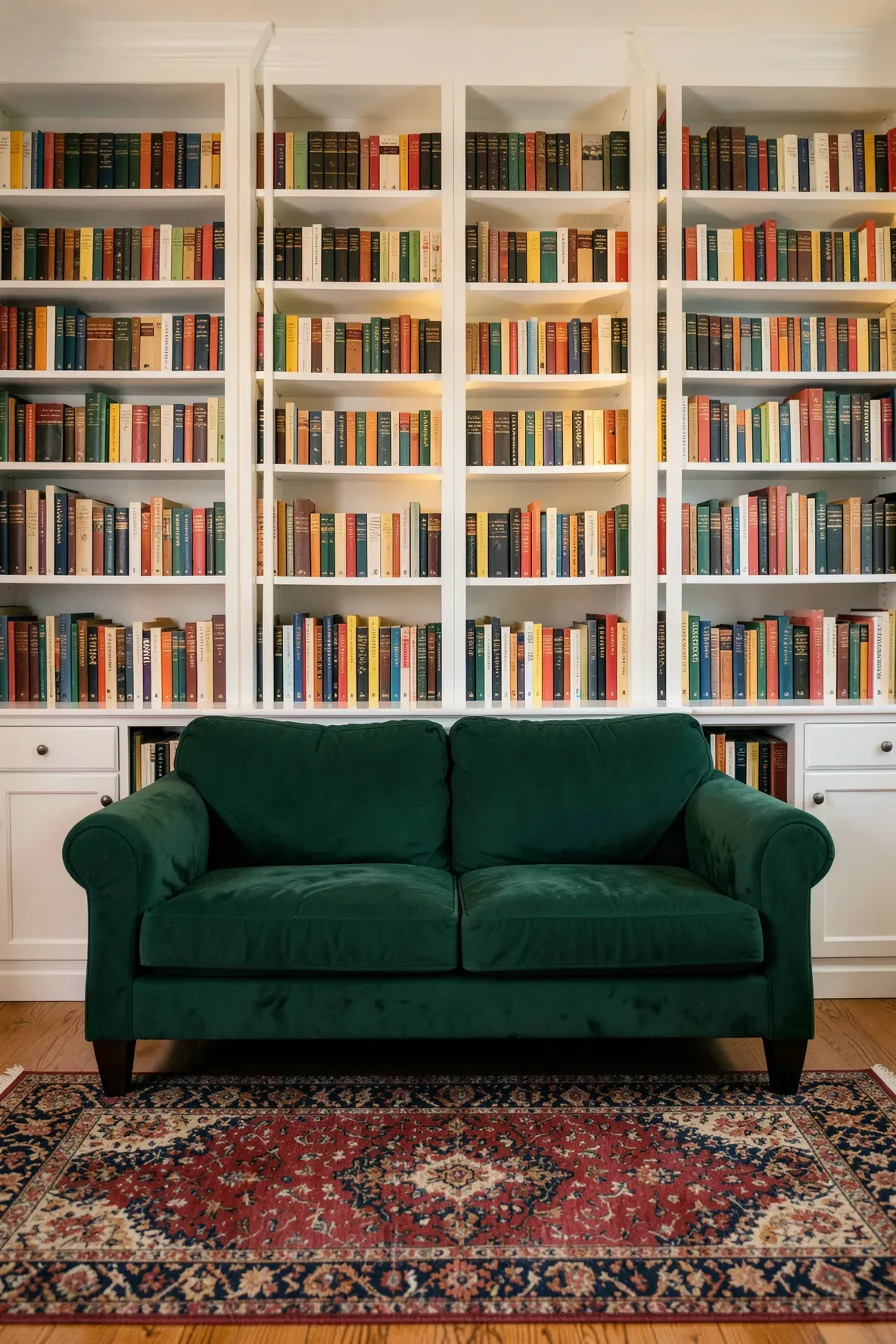 A rich green sofa in front of large white bookshelves filled with books in a cozy home library.