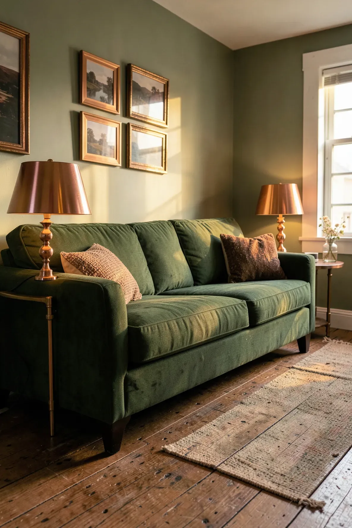 A dark green sofa in a warm room with glowing copper lamps and rustic wooden floors.