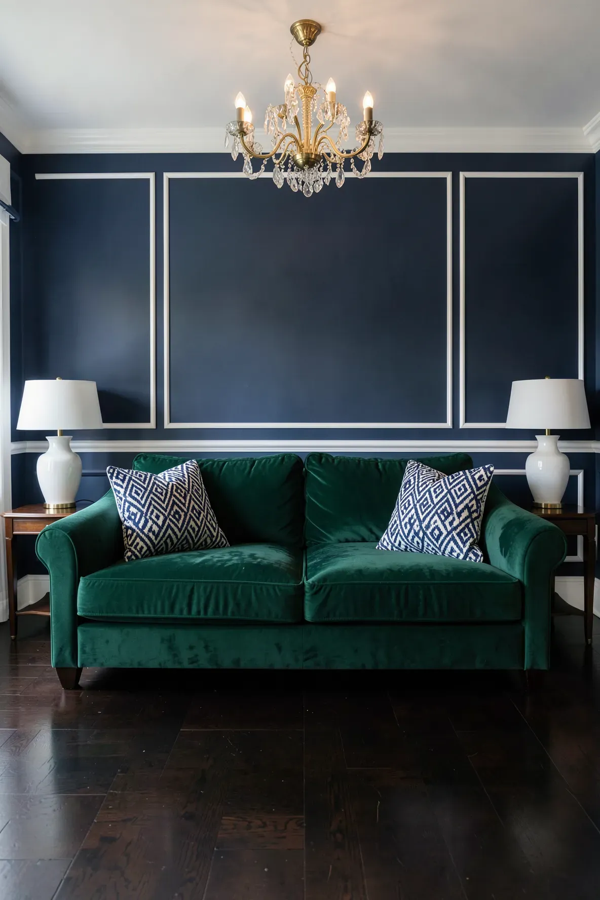 An emerald green velvet sofa with navy blue and white geometric pillows in a luxury living room.