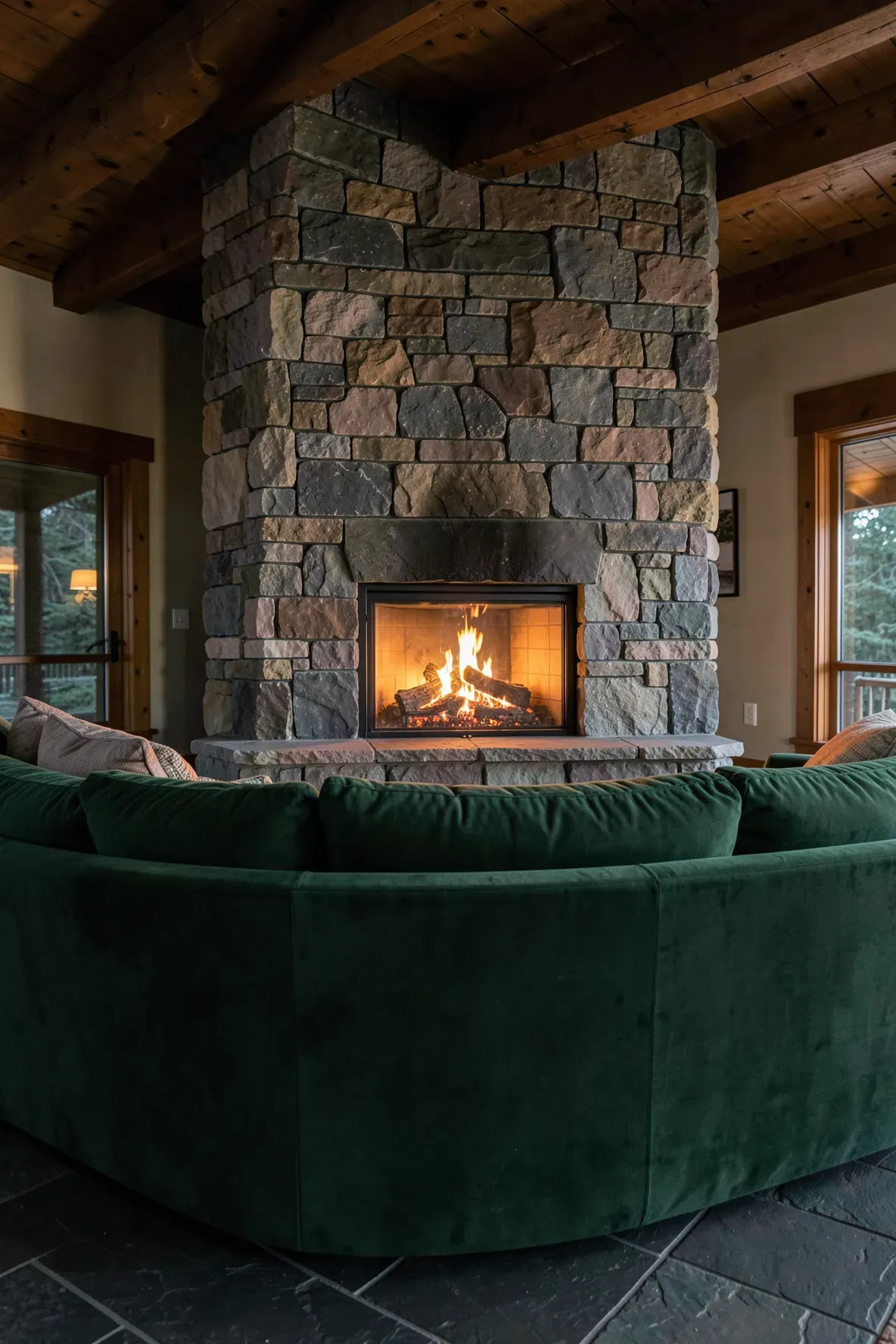 A green sofa facing a large stone fireplace with a warm fire burning inside a cozy room.