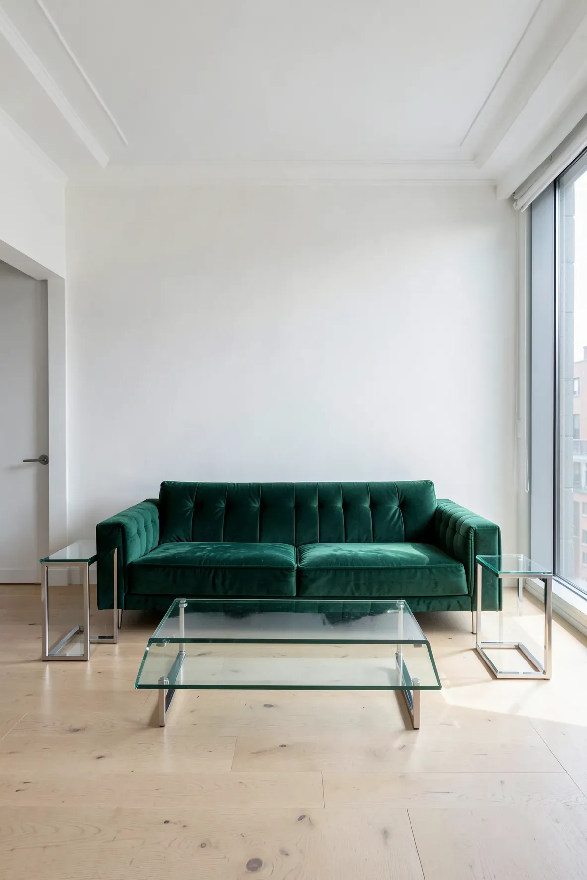 A luxurious emerald green velvet sofa in a bright minimalist room with glass and steel coffee tables.