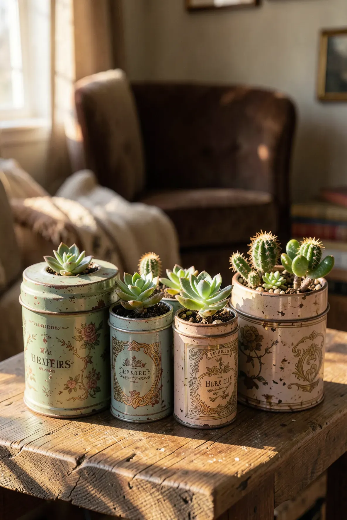 A row of vintage colorful tea tins used as succulent planters on a sunlit wooden shelf.
