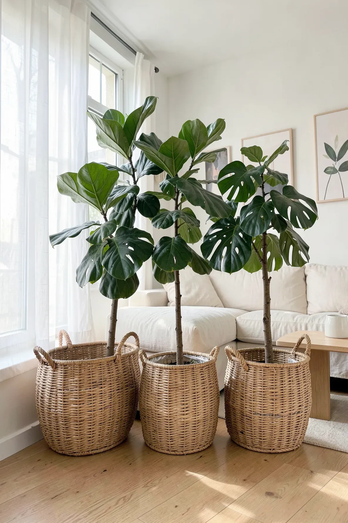 Lush green plants in large woven baskets placed on a hardwood floor in a bright living room.