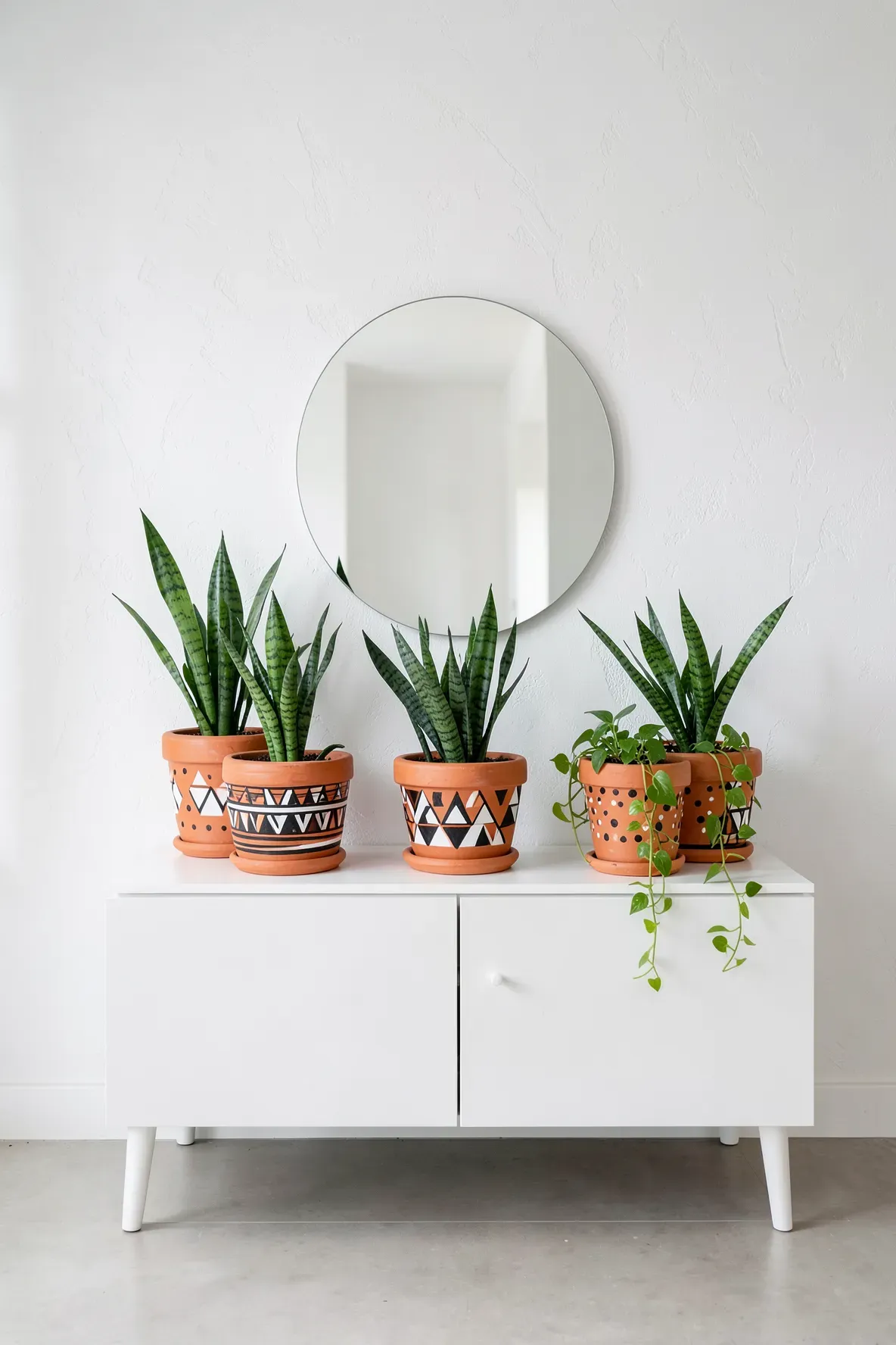 Terracotta pots with black and white geometric patterns holding green plants on a white cabinet.