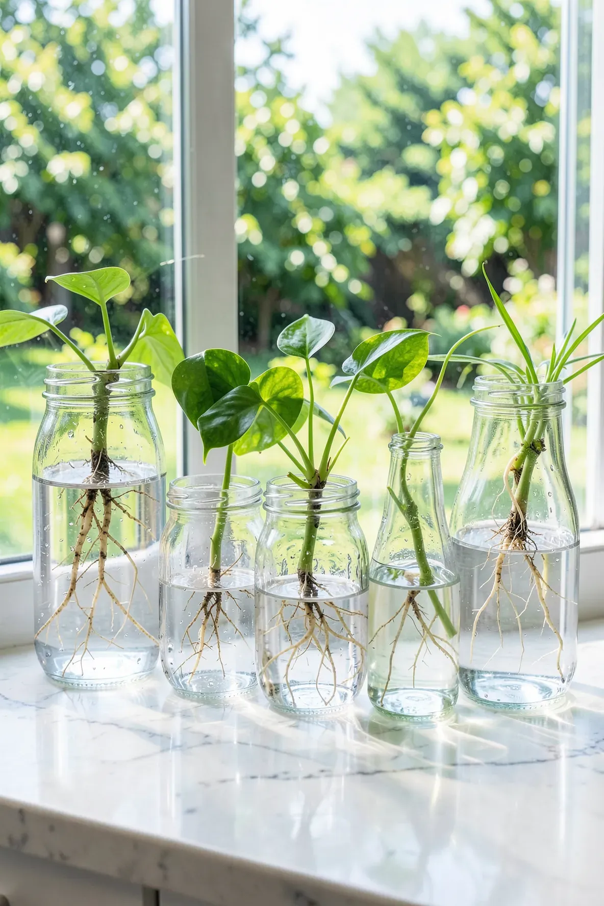 Clear glass jars with plant cuttings and visible roots sitting on a sunny kitchen windowsill.