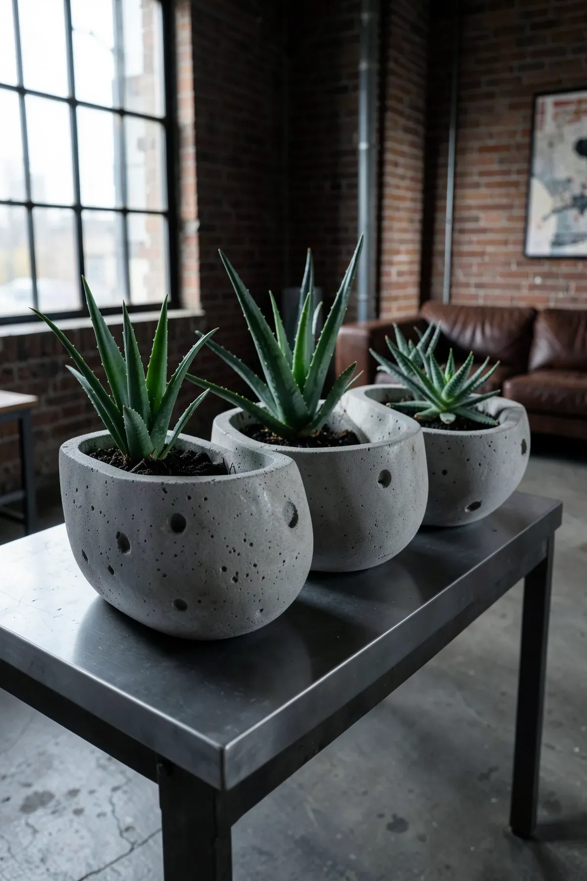 Minimalist gray concrete bowl planters with succulents on a black metal table against a brick wall.