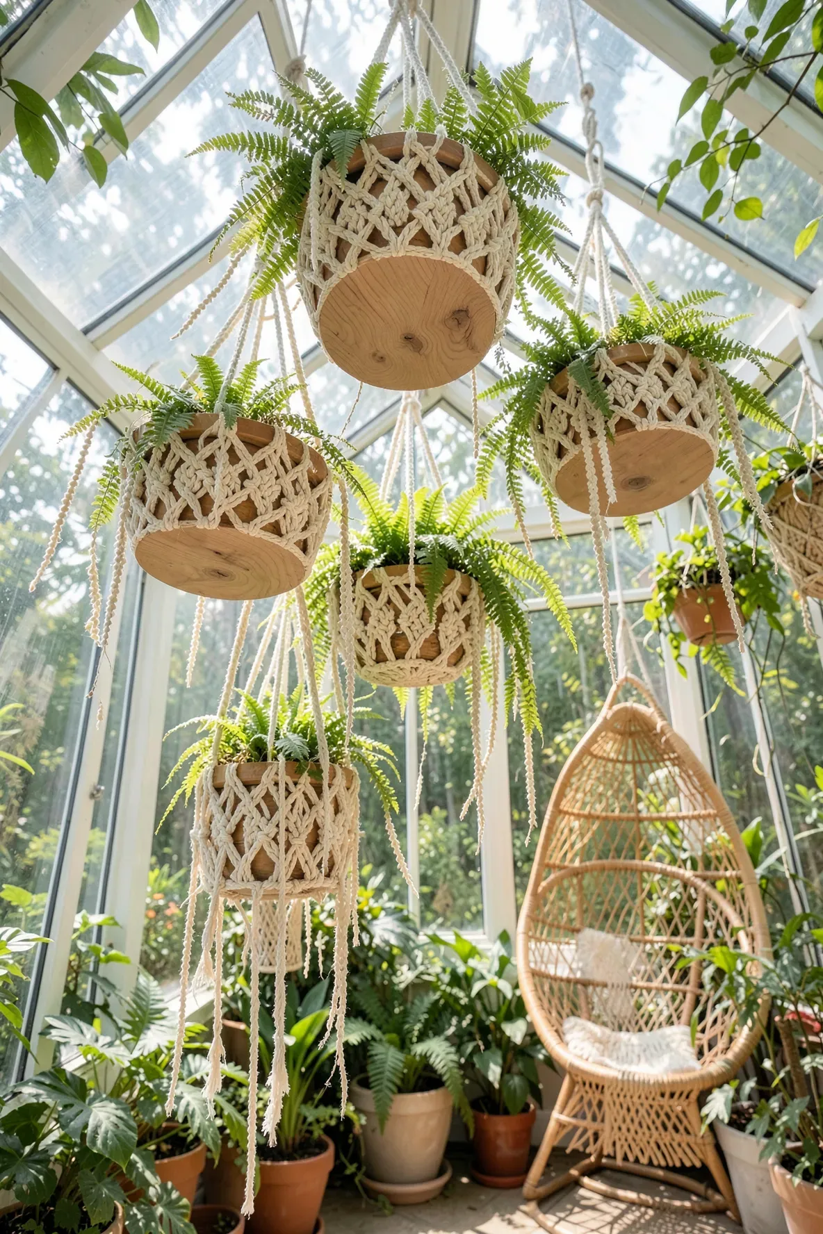 Bohemian macramé plant hangers with wooden bases holding trailing plants in a bright sunroom.