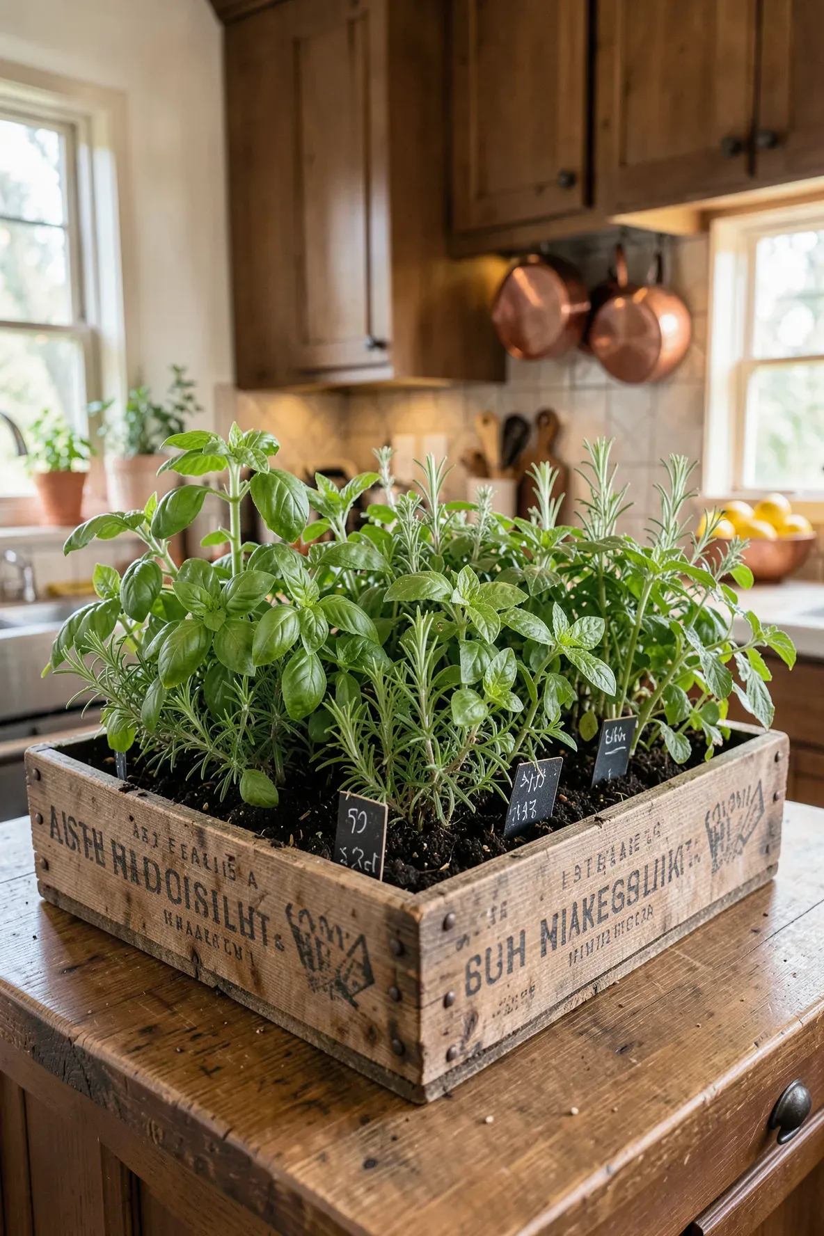 Fresh green herbs growing in rustic wooden wine crates on a farmhouse kitchen counter.