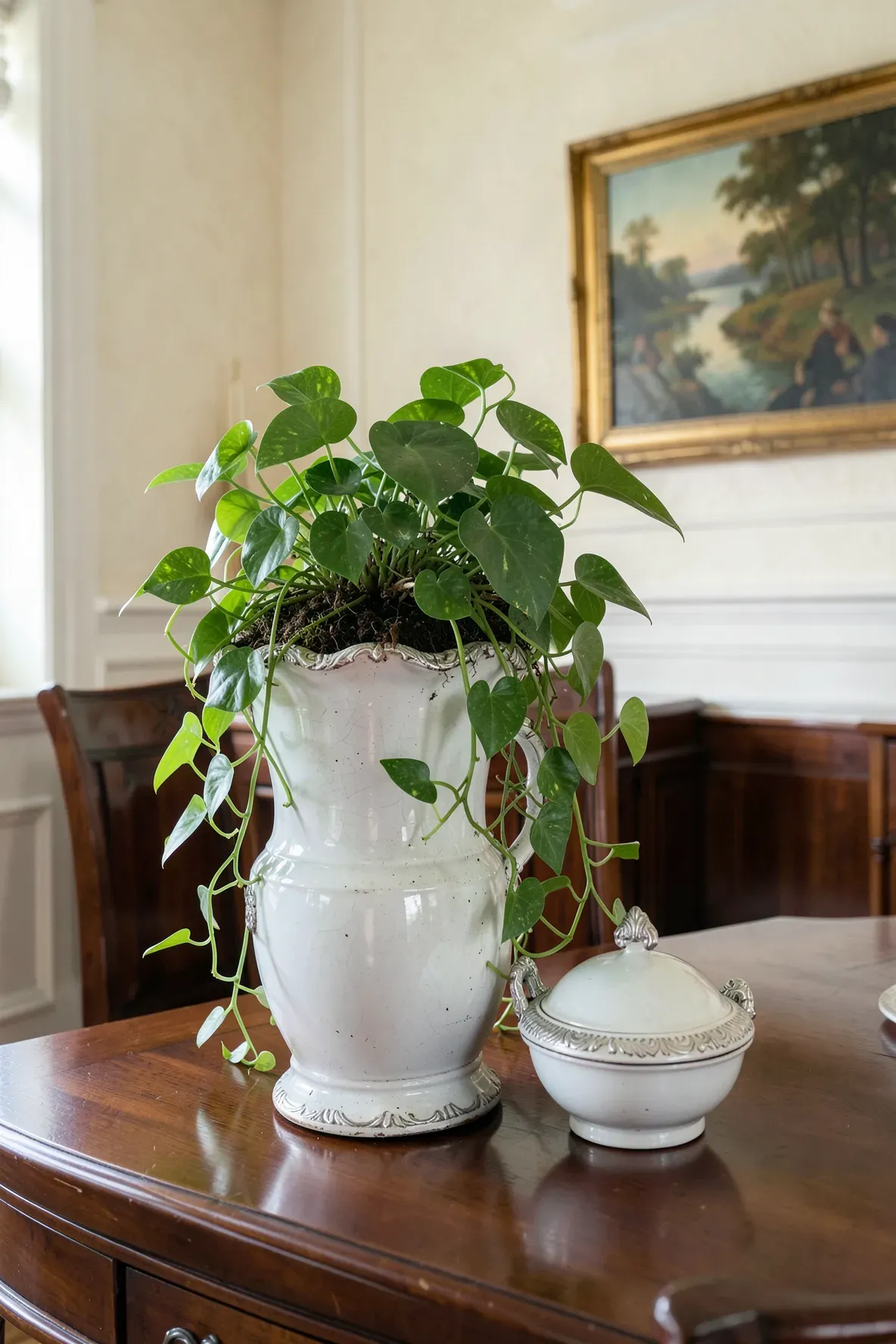 A vintage white ceramic soup tureen used as a planter for a trailing Pothos plant on a wooden sideboard.
