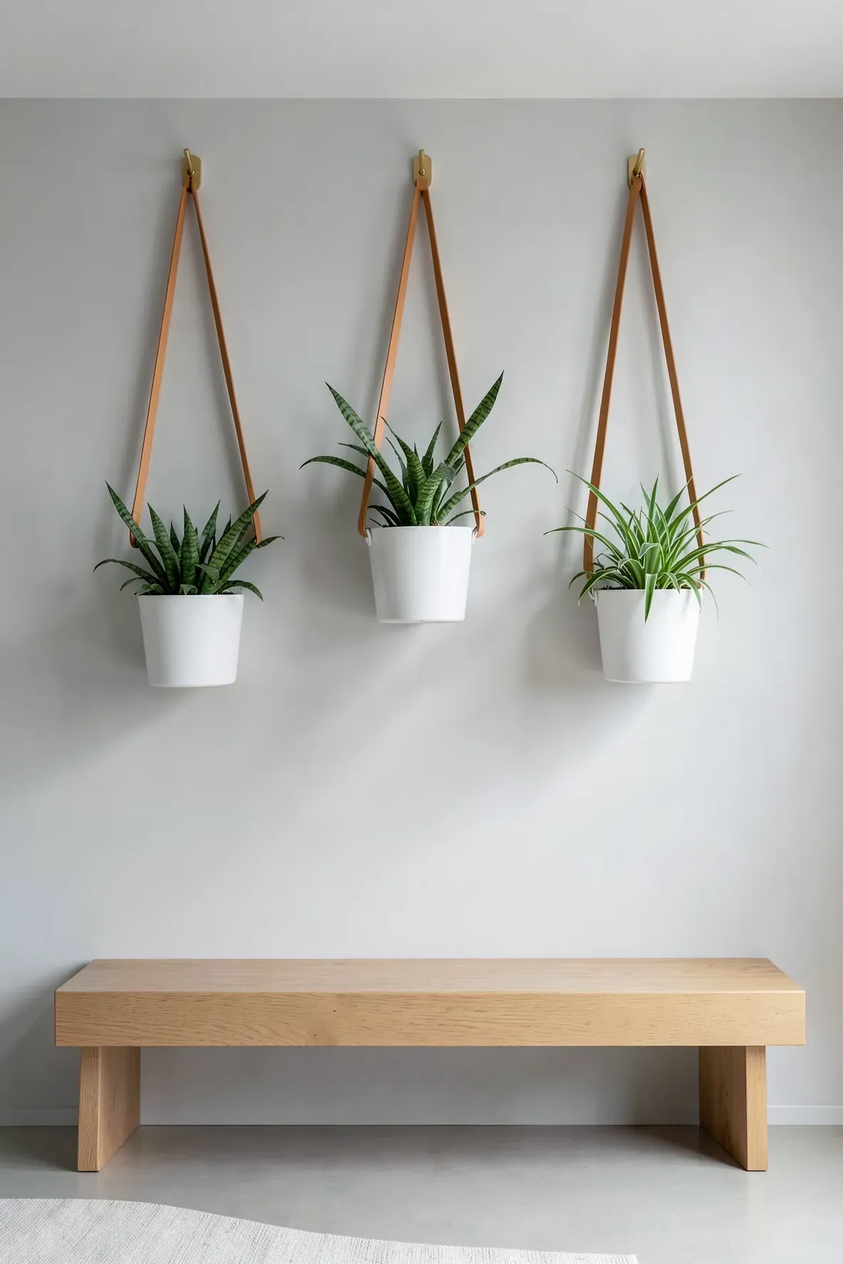 Modern white pots hanging from tan leather slings on a minimalist gray wall in a bright room.