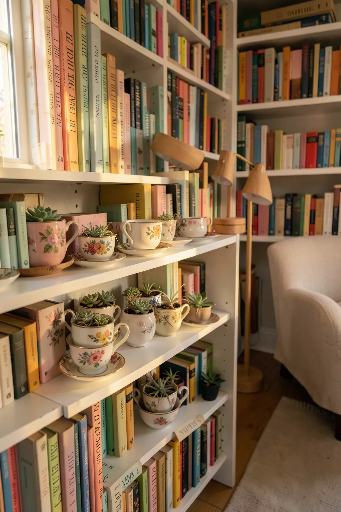 Vintage floral teacups holding small succulents arranged among books on a white shelf.