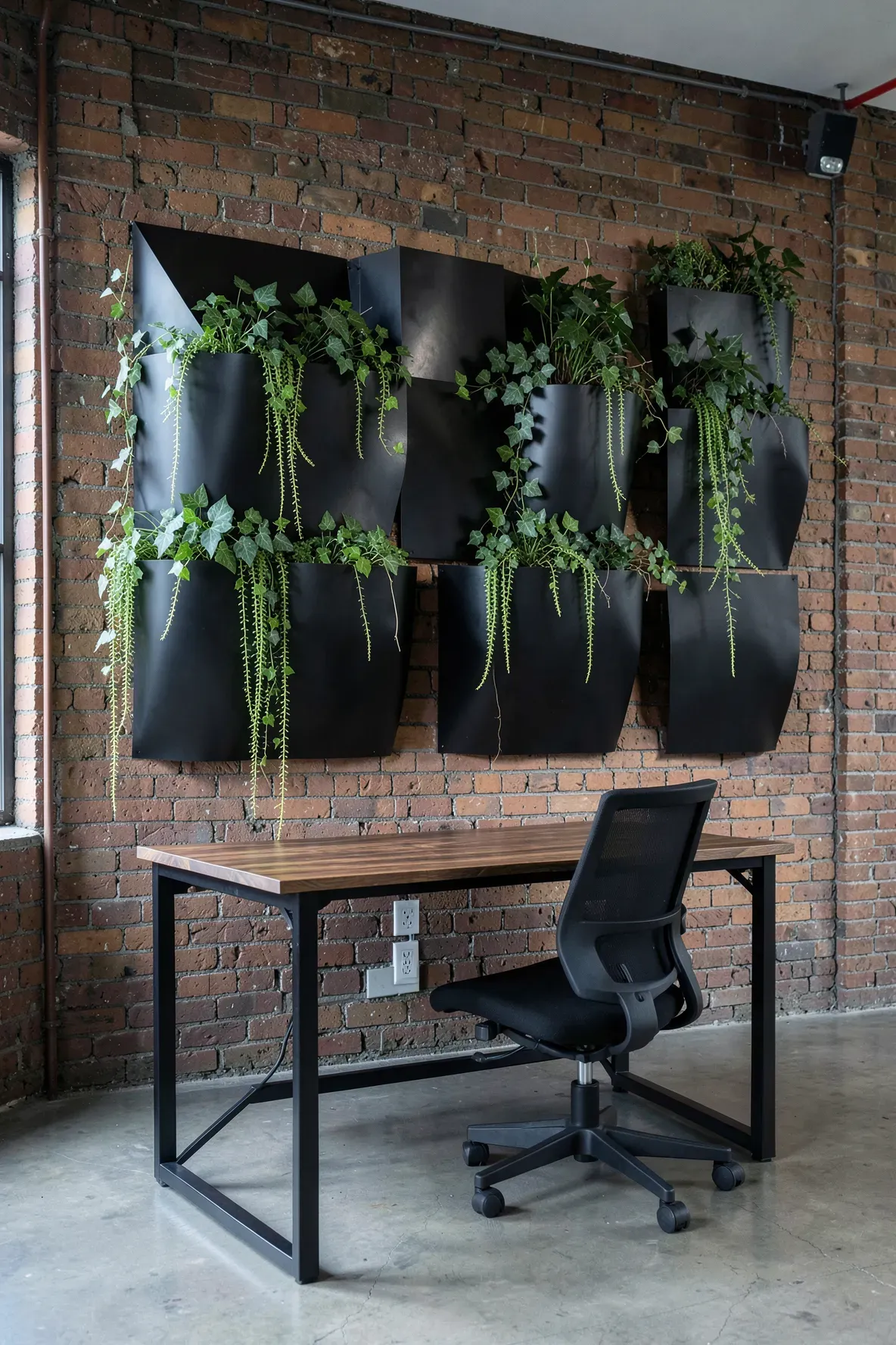 Matte black metal wall pockets with trailing ivy mounted on an exposed red brick wall.