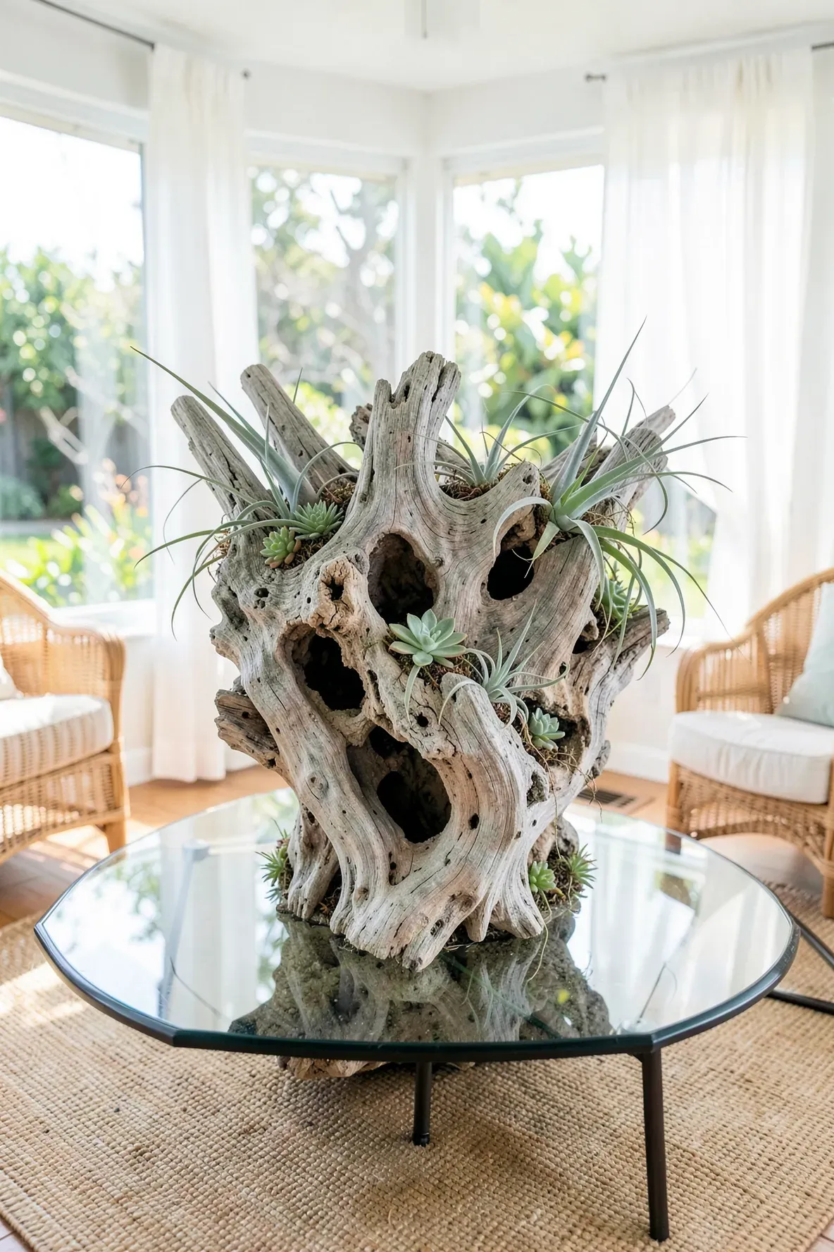A large piece of weathered driftwood with air plants nestled in its grooves on a glass table.