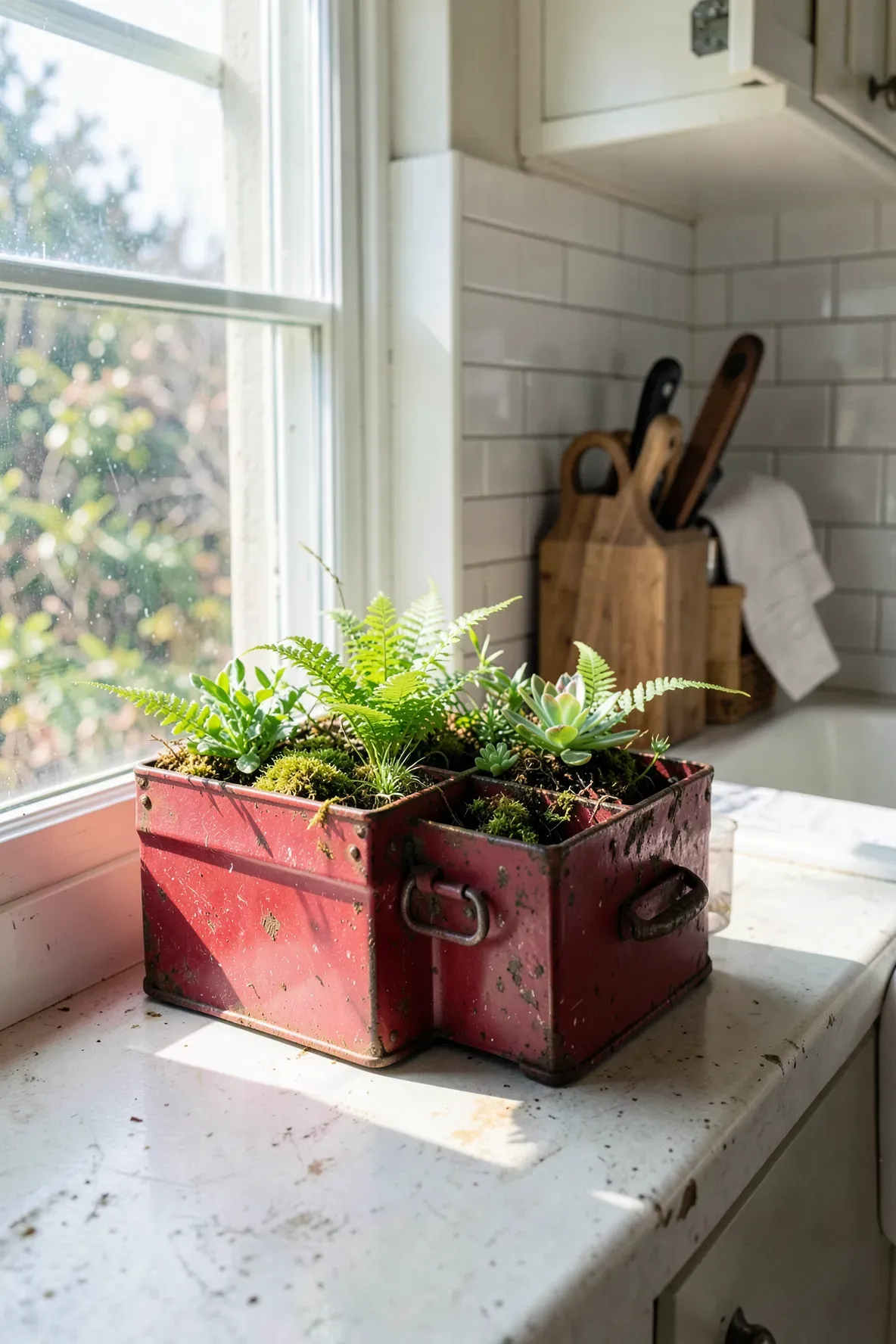 A weathered red metal toolbox used as a planter for ferns and succulents on a kitchen windowsill.