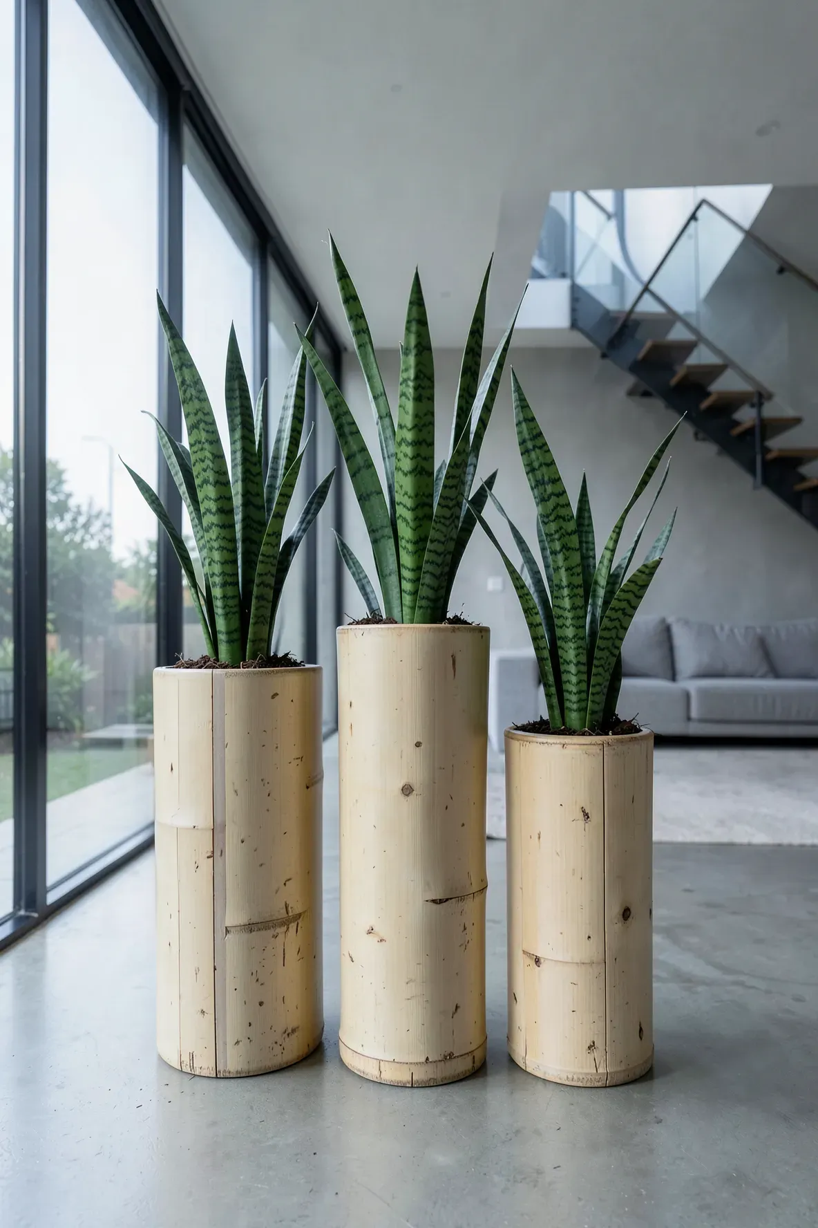 Tall bamboo stalk sections used as planters for snake plants in a minimalist modern living room.
