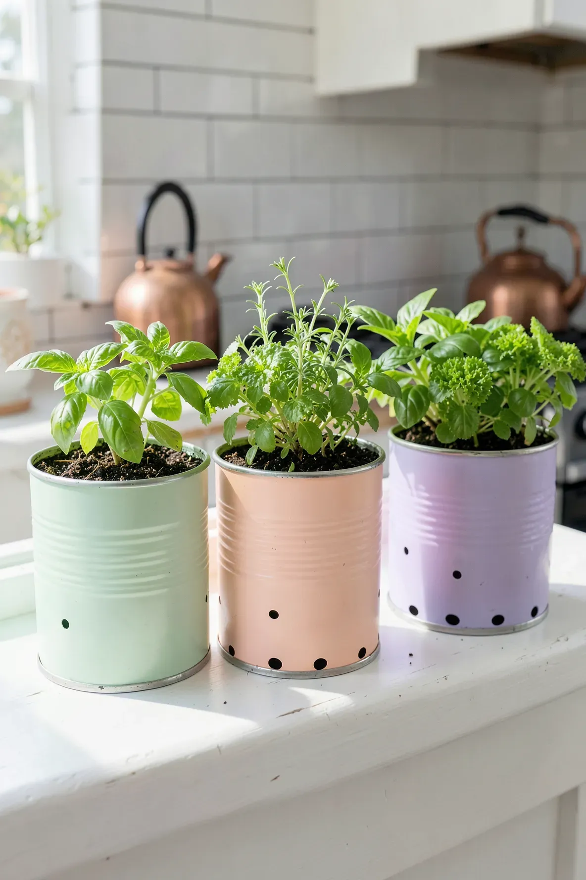 Colorful pastel-painted tin cans used as herb planters on a sunny white kitchen windowsill.