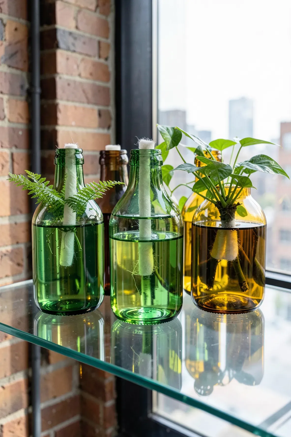 Inverted wine bottle tops used as self-watering planters for ferns on a glass shelf.