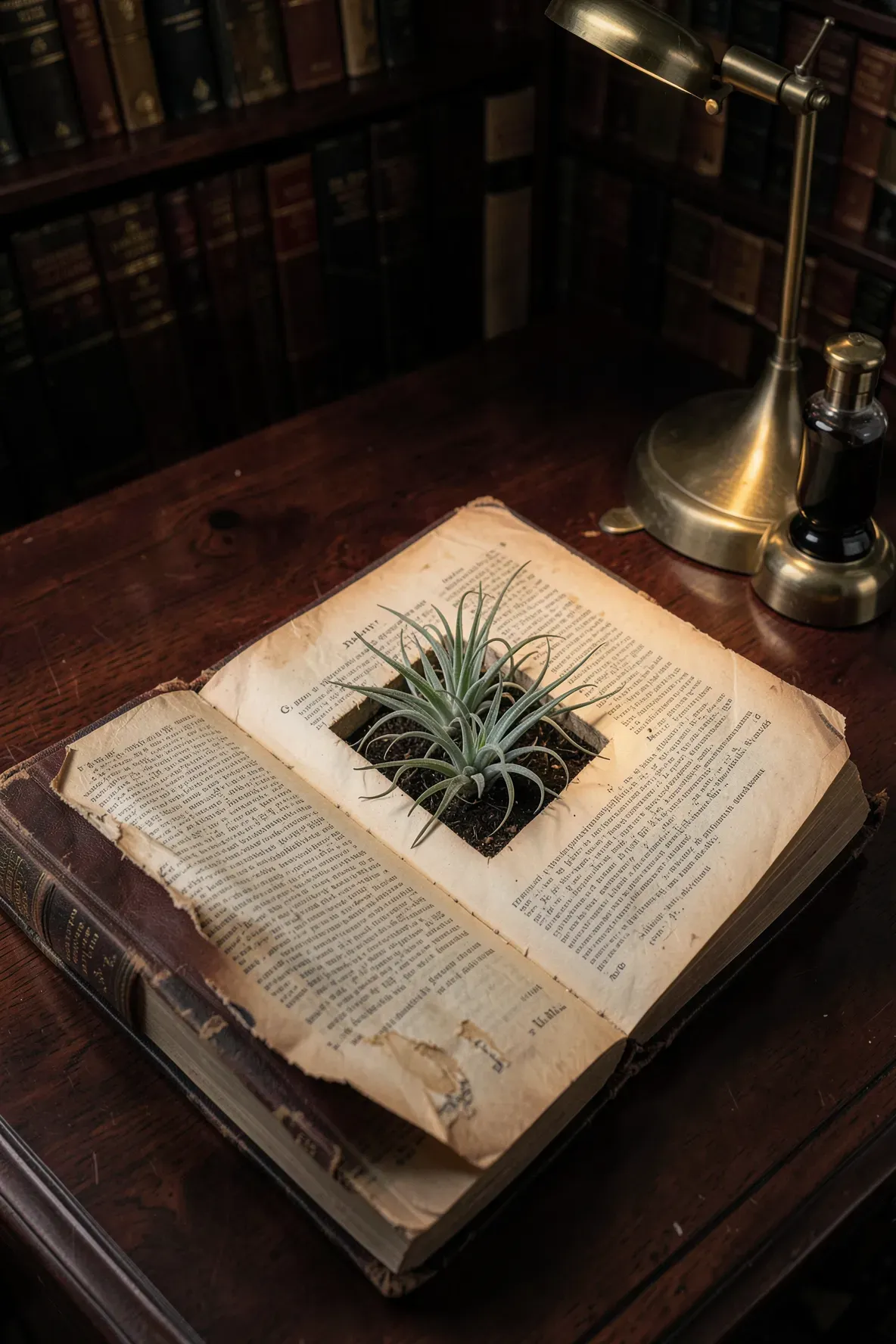 An antique open book with a square cutout in the pages holding a silvery air plant on a desk.