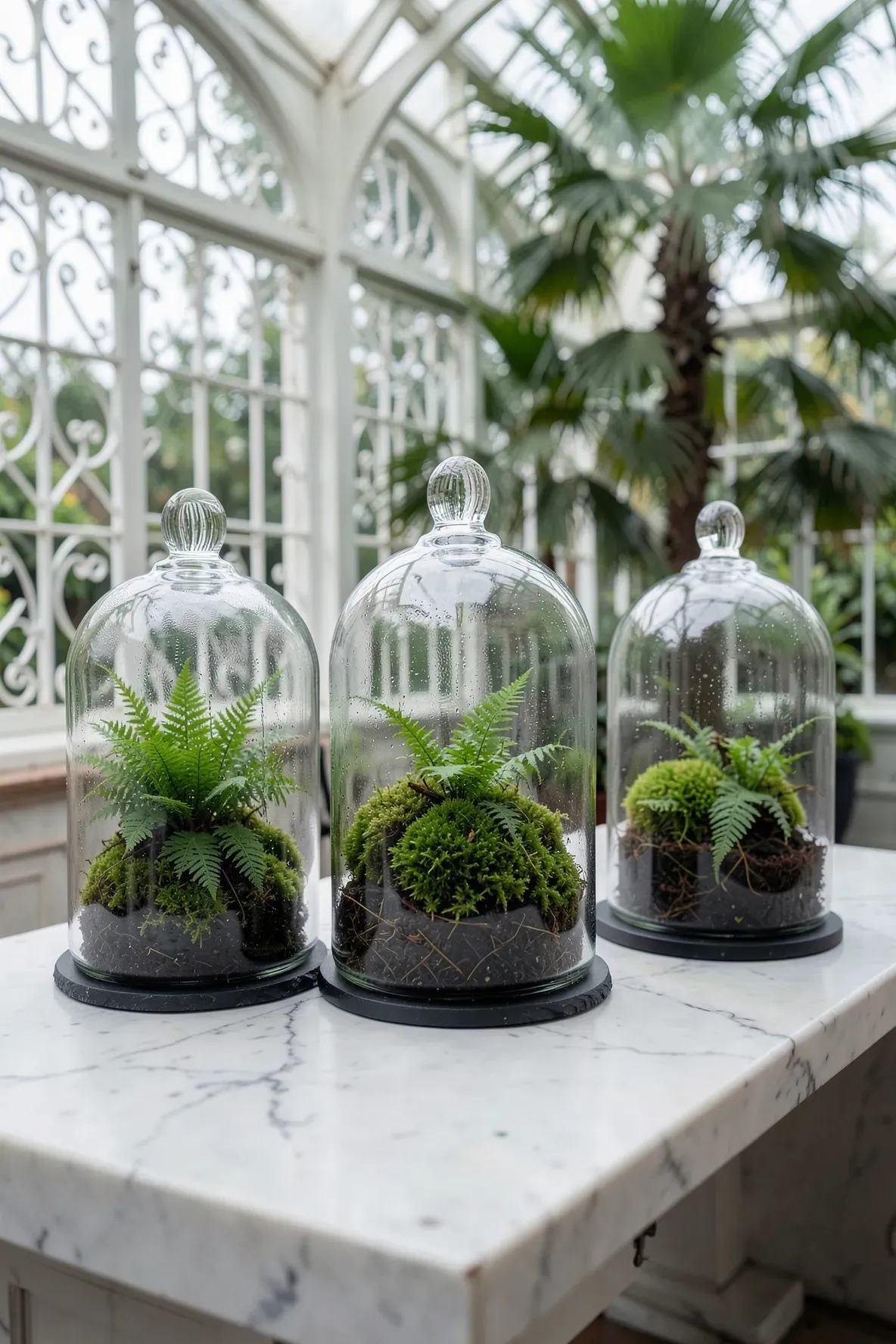 Lush green ferns and moss growing inside clear glass bell jars on a marble table.