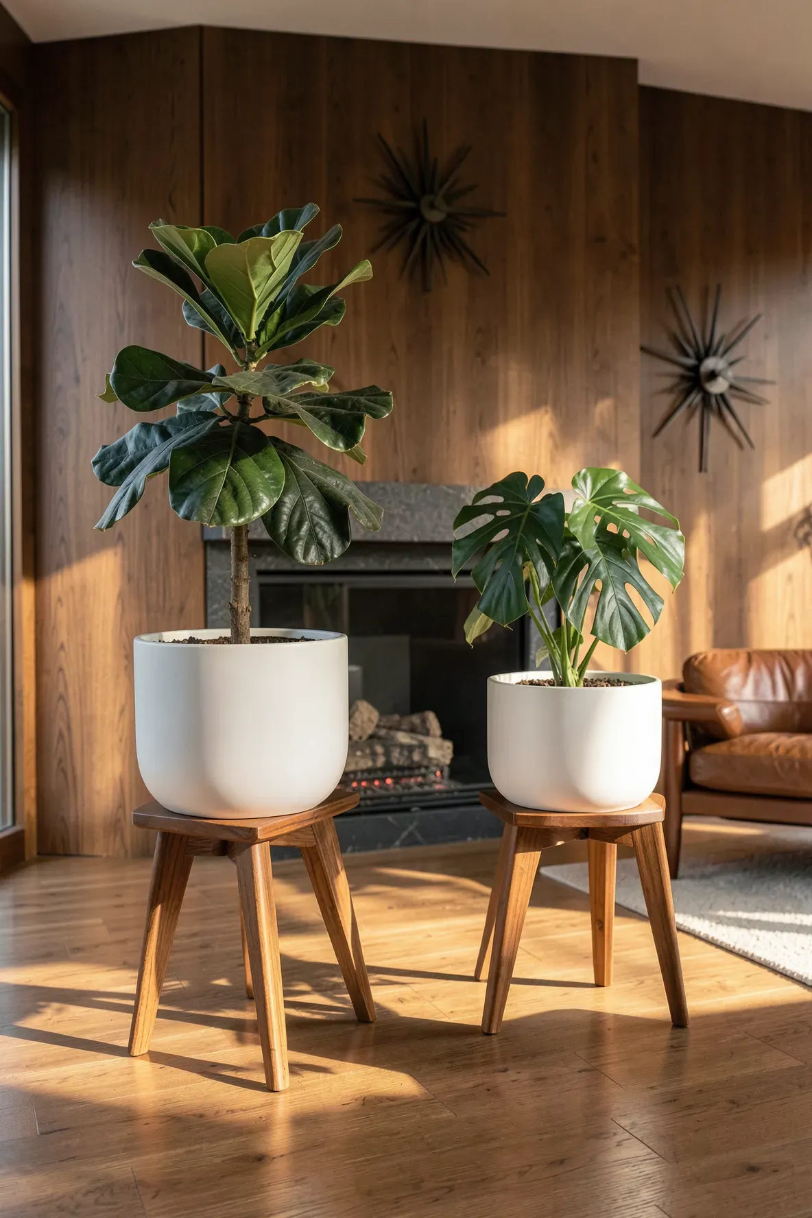 Large indoor plants in white ceramic pots held by walnut wood X-shaped stands in a retro living room.