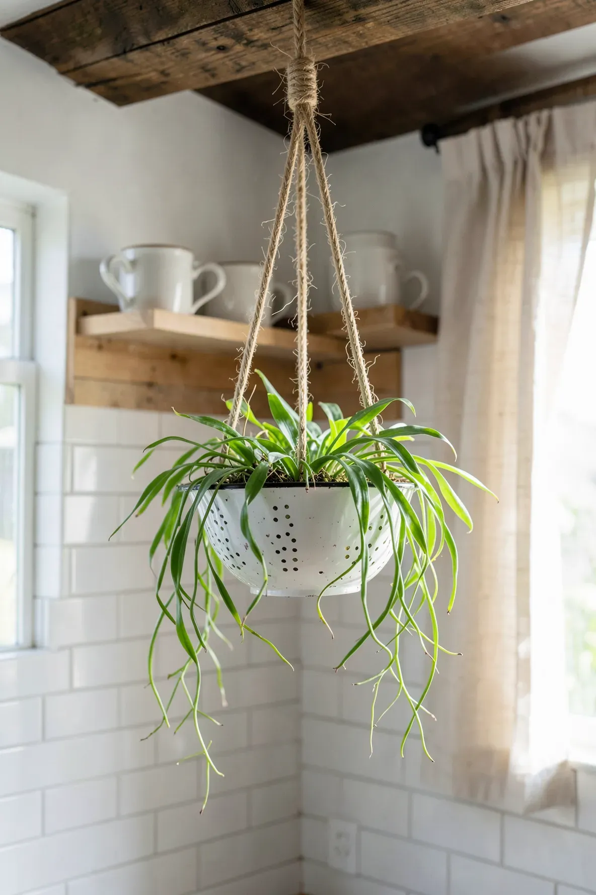 A white vintage enamel colander used as a hanging planter for a spider plant in a bright kitchen.