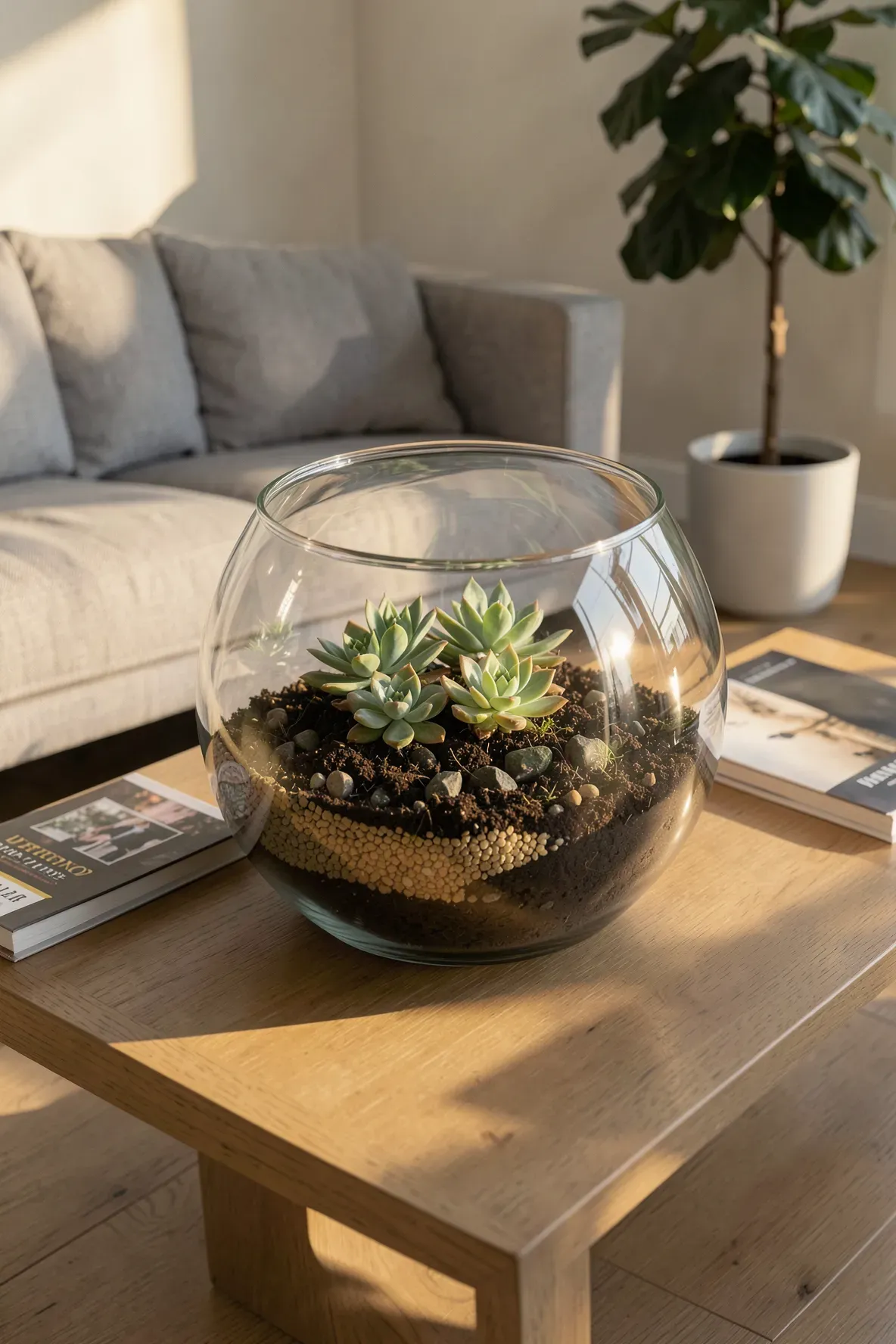 A round glass fishbowl terrarium with succulents and layered soil on a modern wooden coffee table.