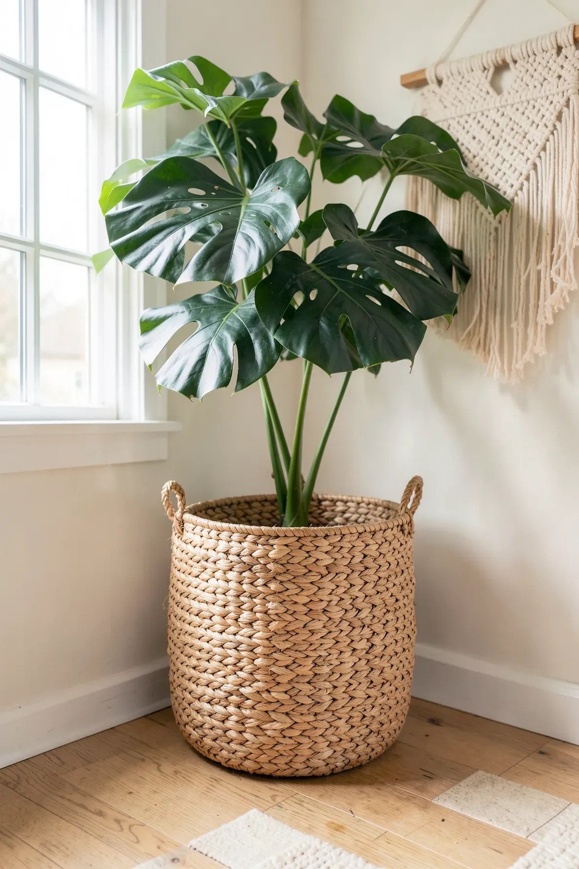 A large Monstera plant inside a natural tan woven seagrass belly basket in a bright room.