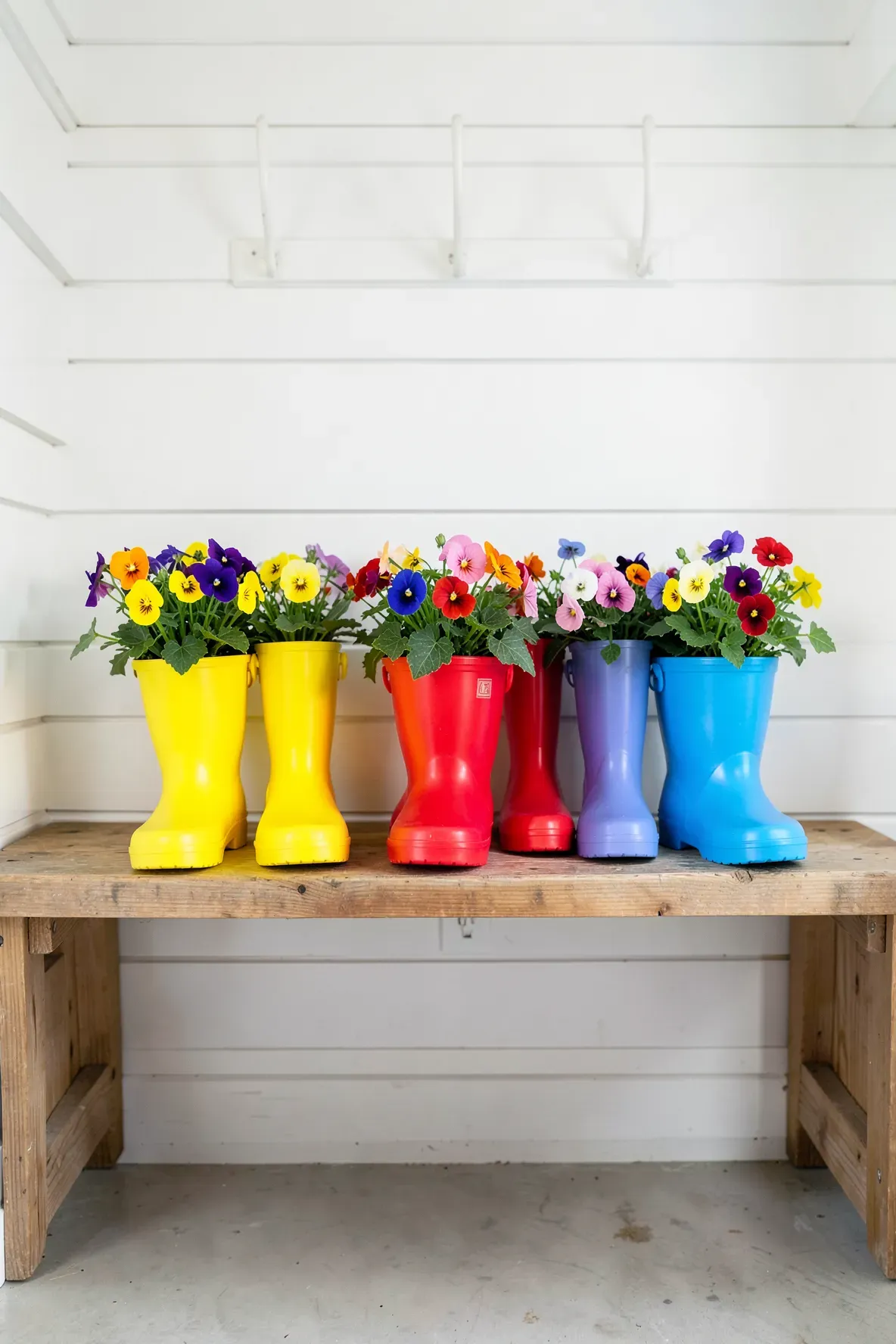Brightly colored children's rain boots used as planters for flowers on a wooden mudroom bench.