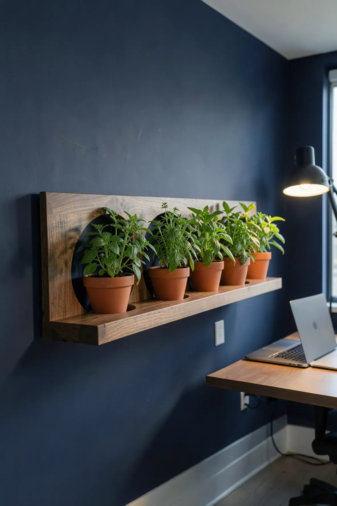 A walnut floating shelf with holes holding terracotta herb pots against a navy blue wall.