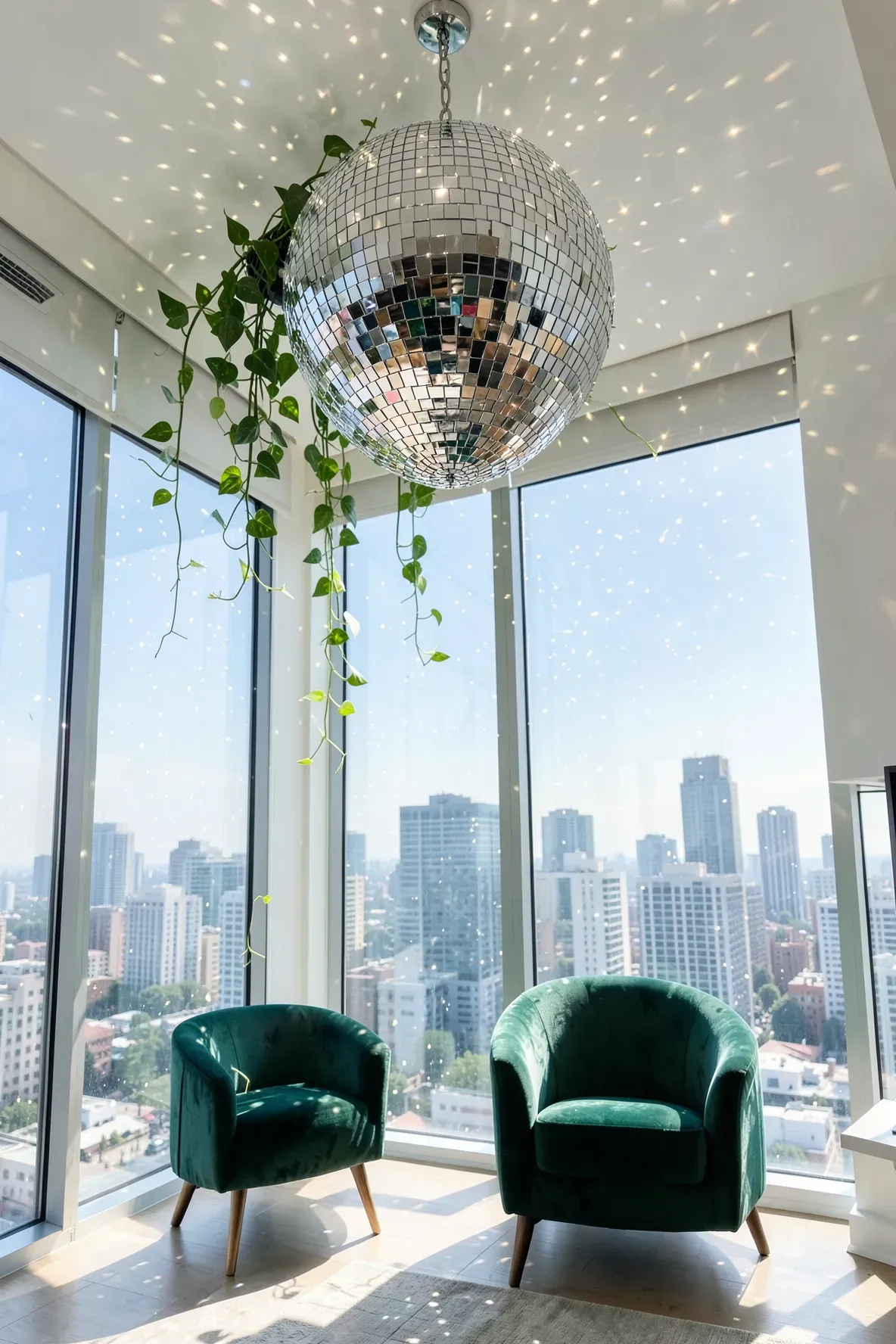 A mirrored disco ball planter hanging in a sunny window, reflecting spots of light on the walls.