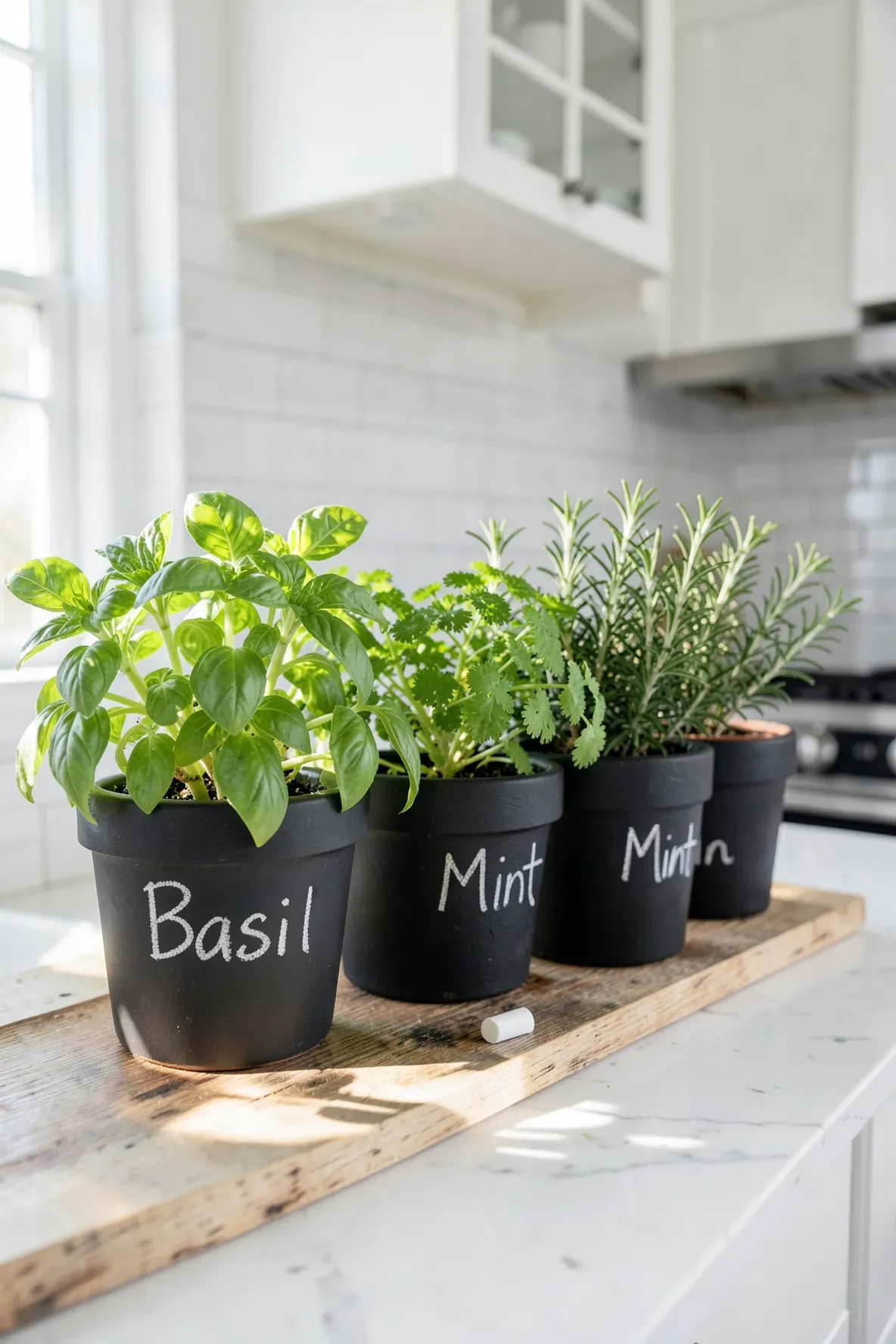Chalkboard painted pots with handwritten labels holding fresh herbs on a wooden kitchen shelf.