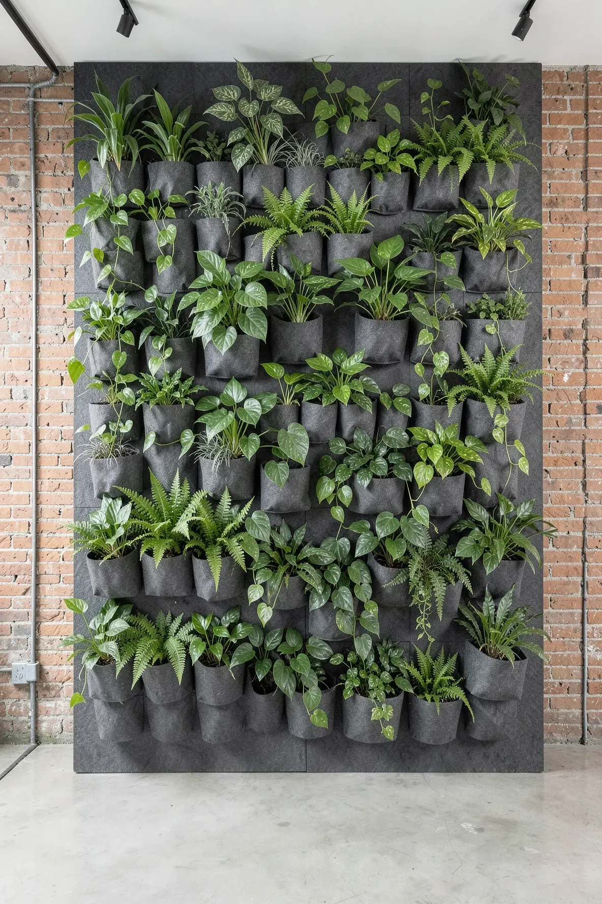 A large vertical wall of green plants growing in charcoal felt pockets in a modern loft.