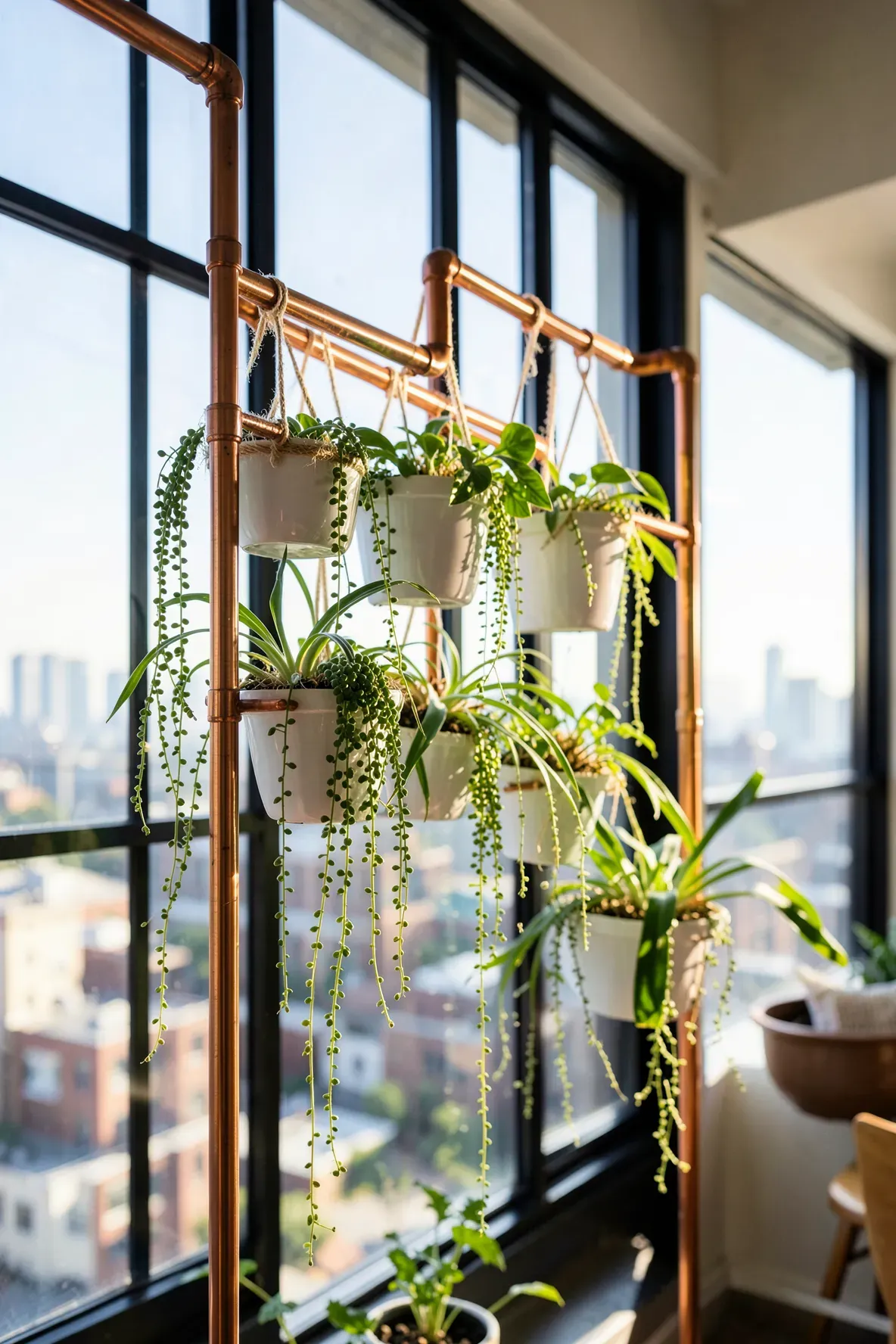 A custom copper pipe rack hanging in front of a window with several potted plants.