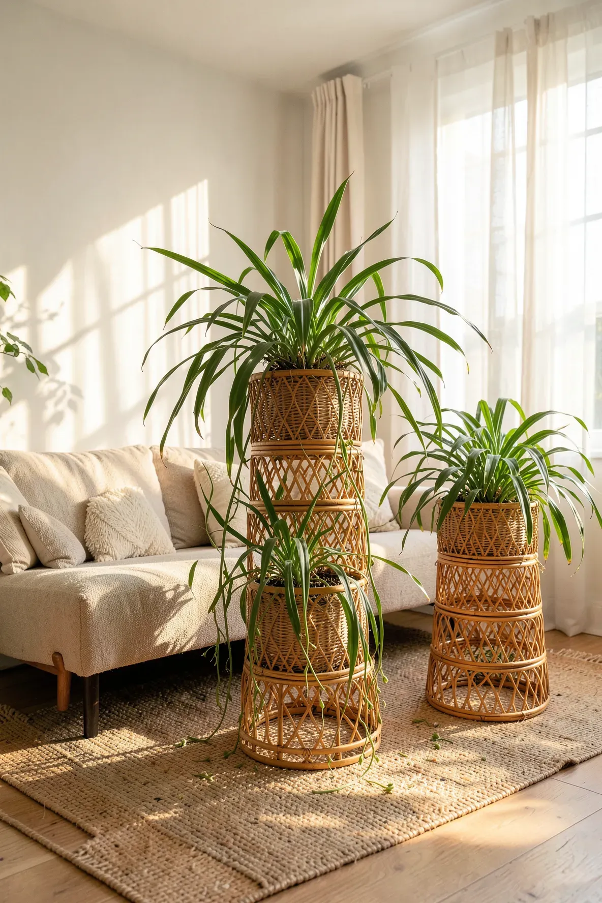 Intricately woven vintage rattan plant stands holding cascading spider plants in a sunlit boho living room.