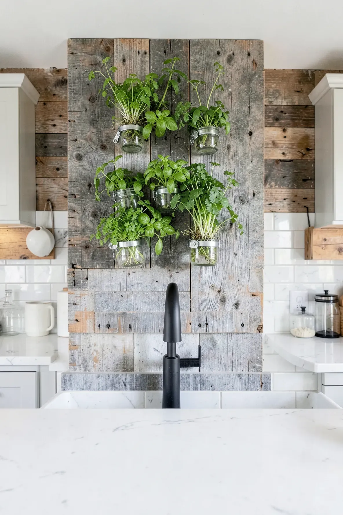 Mason jars mounted on a reclaimed wood board as a vertical herb garden in a bright farmhouse kitchen.