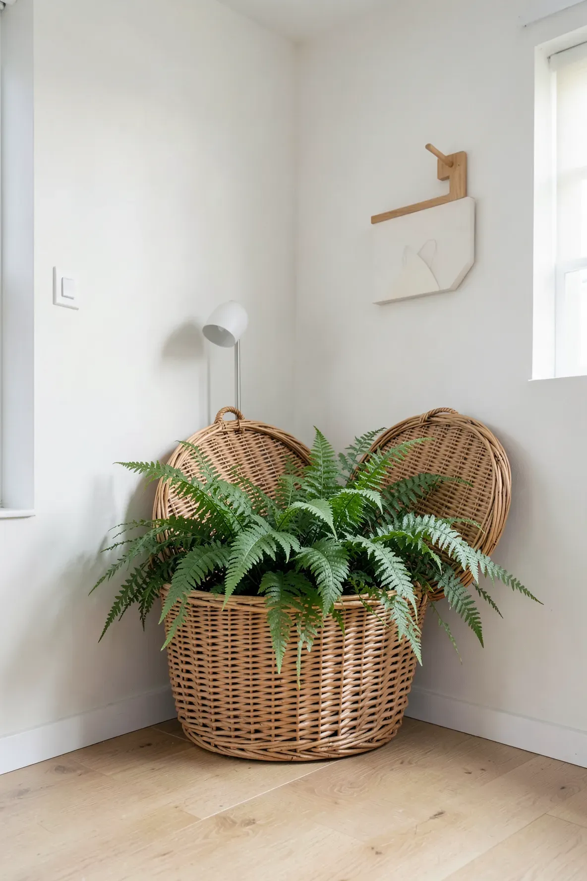 A large Boston fern growing out of a vintage wicker picnic basket in a bright, minimalist room corner.